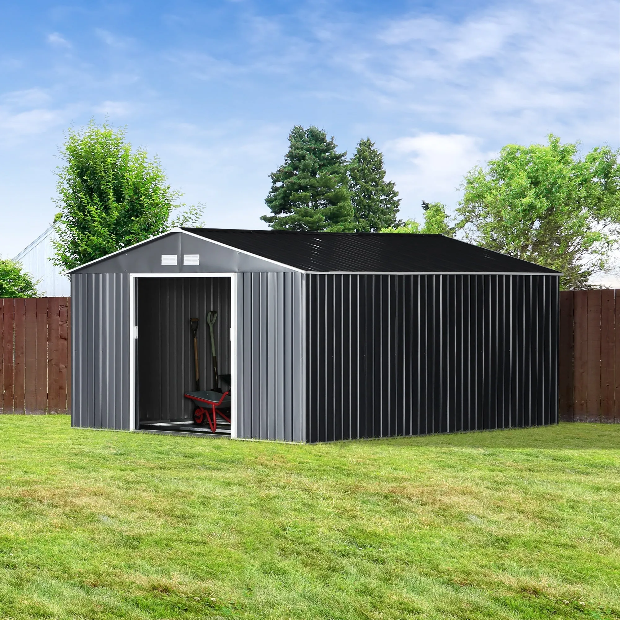 Garden Shed 12.4m² with 4 Vents and 2 Sliding Doors, Steel Sheet Tool Shed, 340x386x200 cm, Black - Image 2