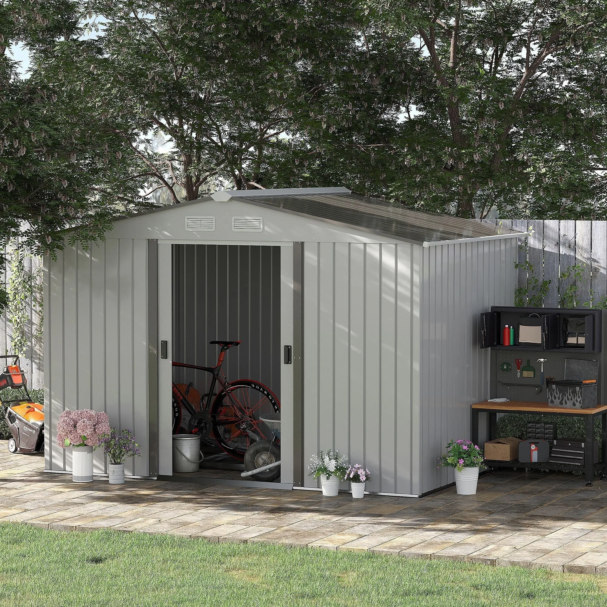 Garden Shed with Double Sliding Doors, Steel, 277x195x192cm, Silver / White - Image 2