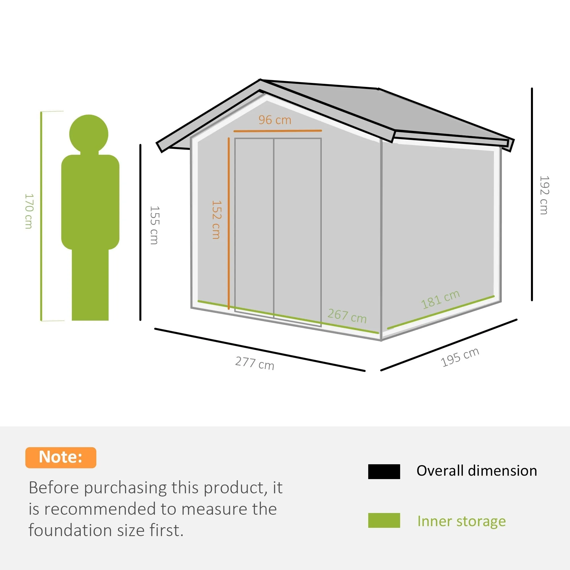 Garden Shed with Double Sliding Doors, Steel, 277x195x192cm, Silver / White - Image 3