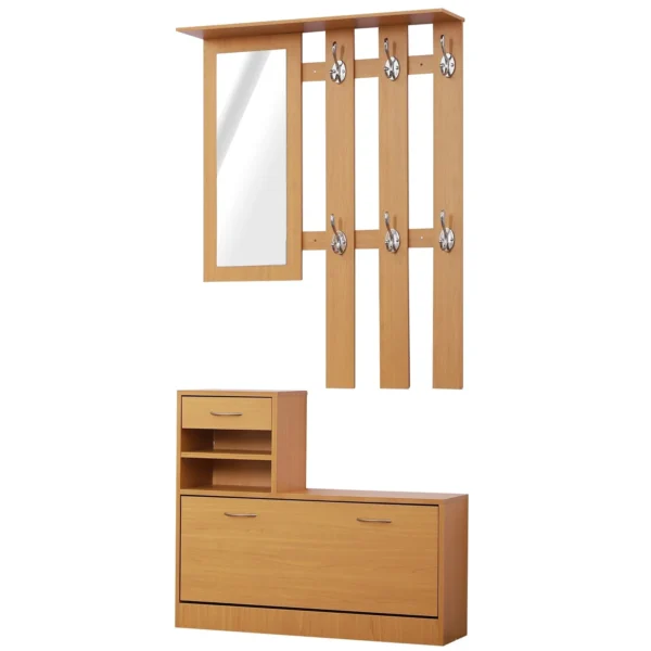 TWENTY | Modern Hallway Furniture Set 3 in 1 with Shoe Rack and Mirror, Hallway Coat Rack with 6 Hooks, 2 Adjustable Shelves and Wooden Drawers for Hallway, 90x24x177 cm, Wood