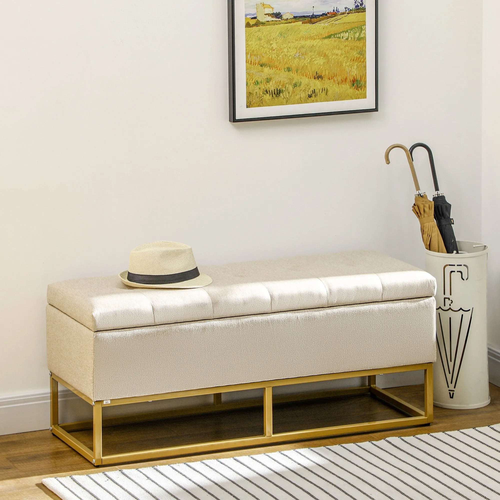 Quilted Polyester Storage Bench with Gold Steel Legs, 110x44x48cm, Beige - Image 2