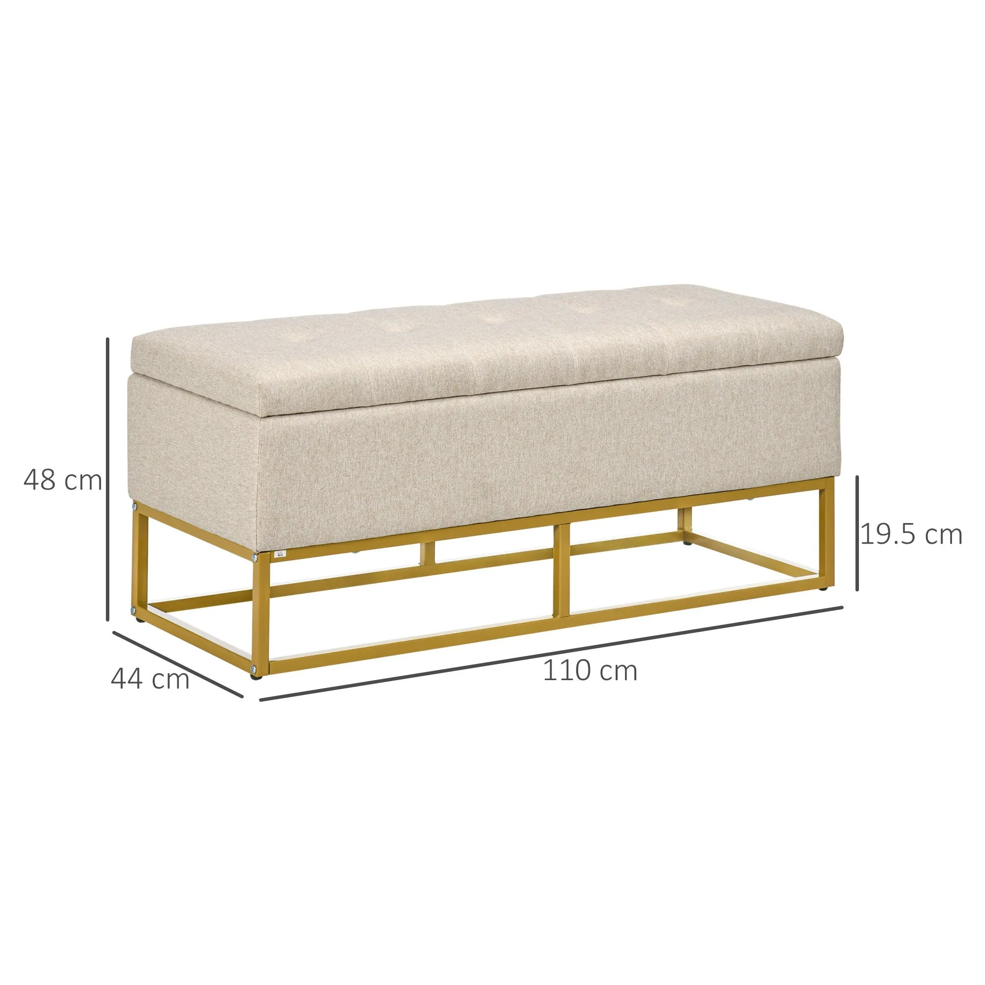 Quilted Polyester Storage Bench with Gold Steel Legs, 110x44x48cm, Beige - Image 3