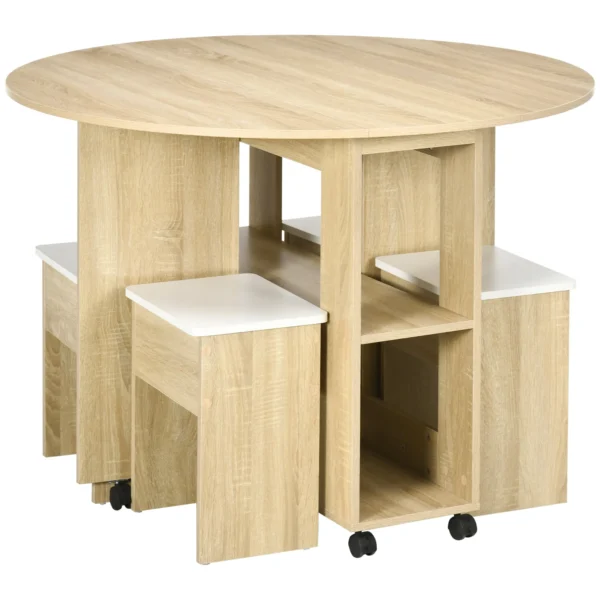 5-Piece Chipboard Table and Chair Set, Round Table with 2 Open Shelves and 4 Modern Stools