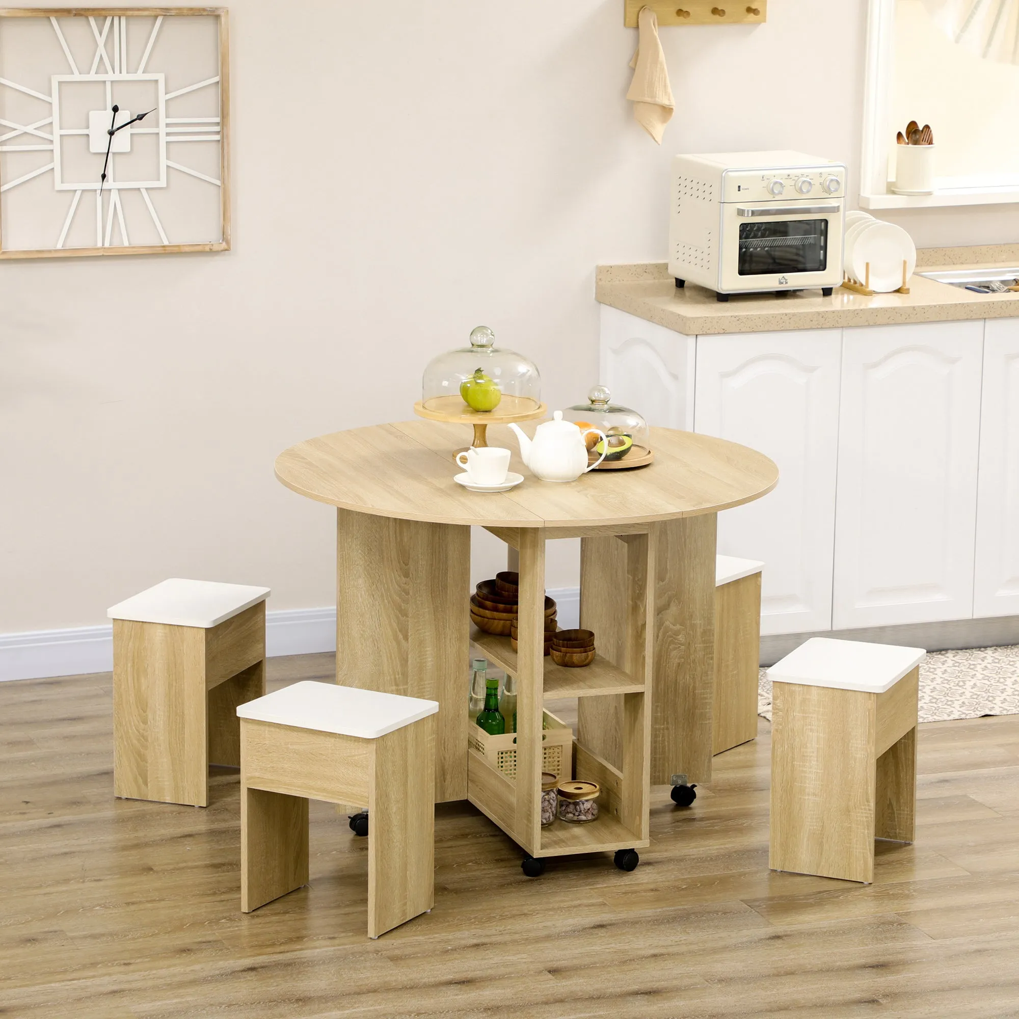 5-Piece Chipboard Table and Chair Set, Round Table with 2 Open Shelves and 4 Modern Stools - Image 2