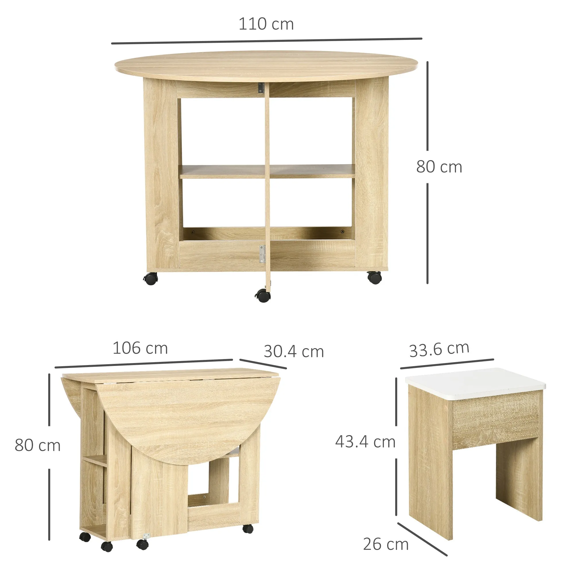 5-Piece Chipboard Table and Chair Set, Round Table with 2 Open Shelves and 4 Modern Stools - Image 3