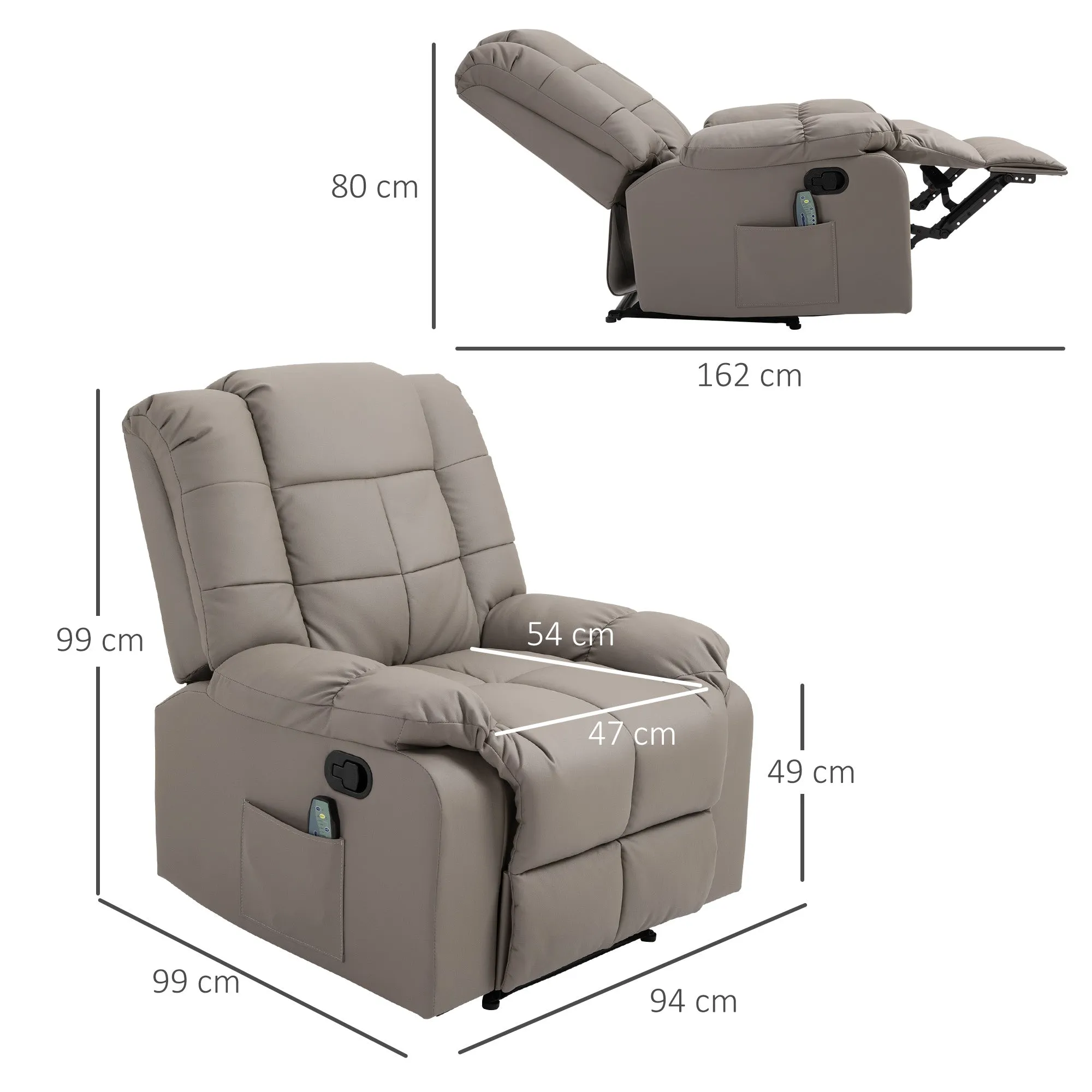 Relax Armchair with 8 Massage Points and 165° Reclining in Faux Leather, Grey - Image 3
