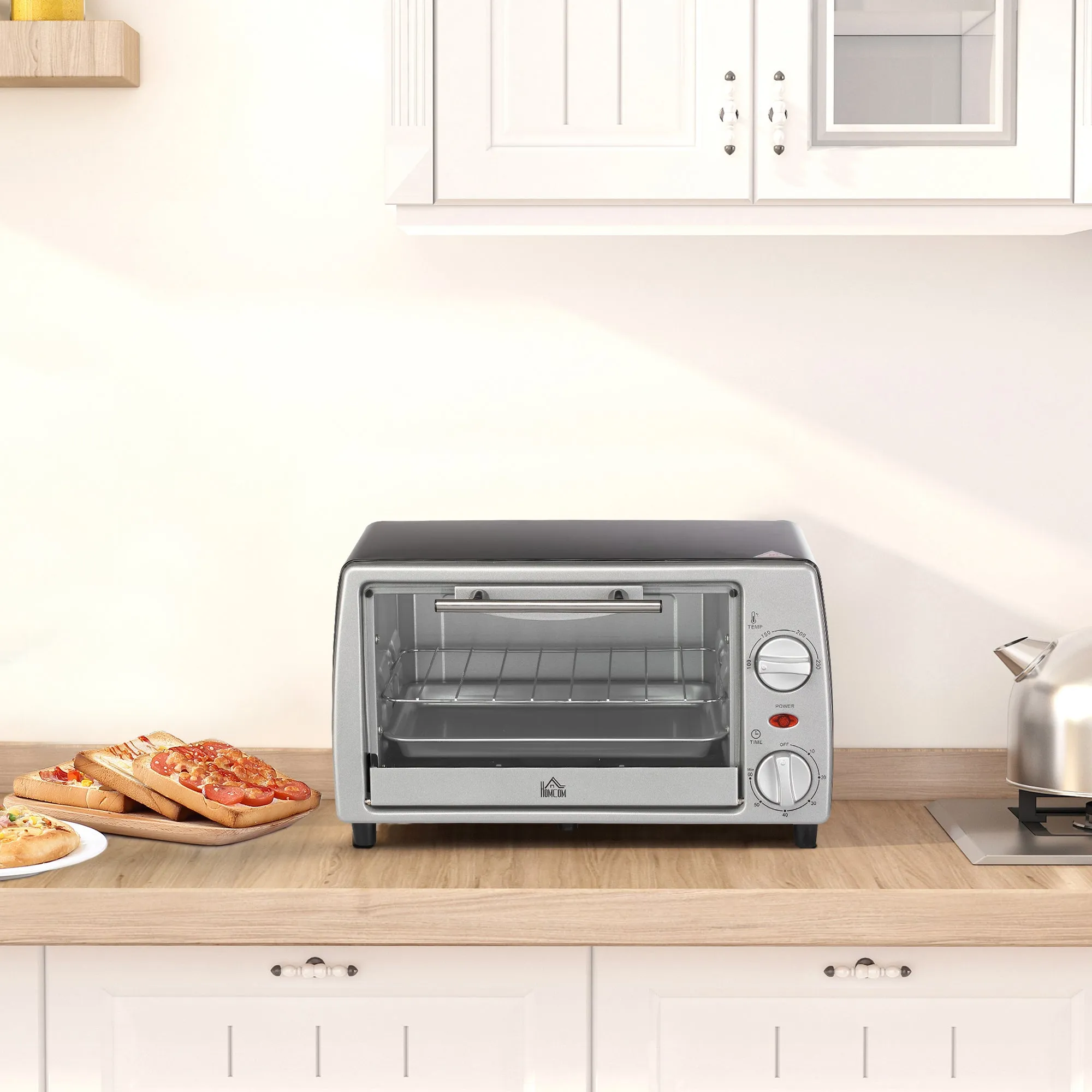 Electric Oven 10L Adjustable Temperature and Timer, Grill and Baking Tray Included, 750W, 36.5x26x22cm, Silver Black - Image 2
