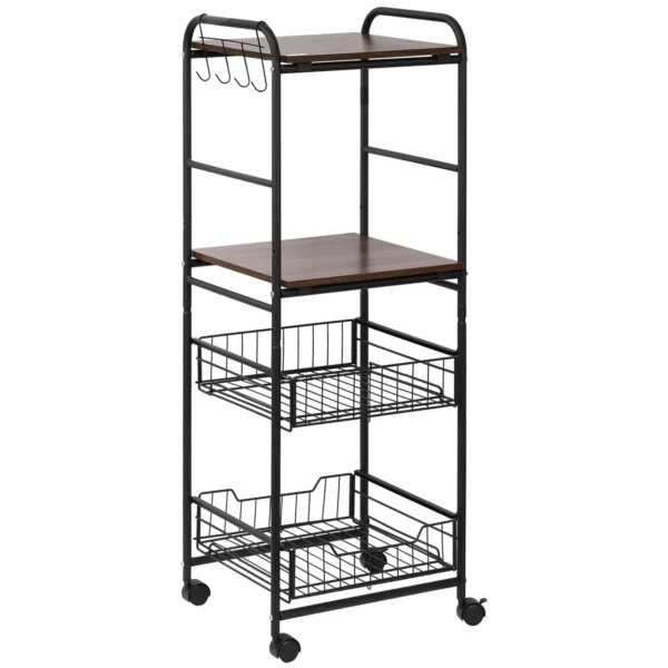 Kitchen trolley with 2 removable metal baskets, 2 chipboard shelves and side hooks, 40x38x111cm
