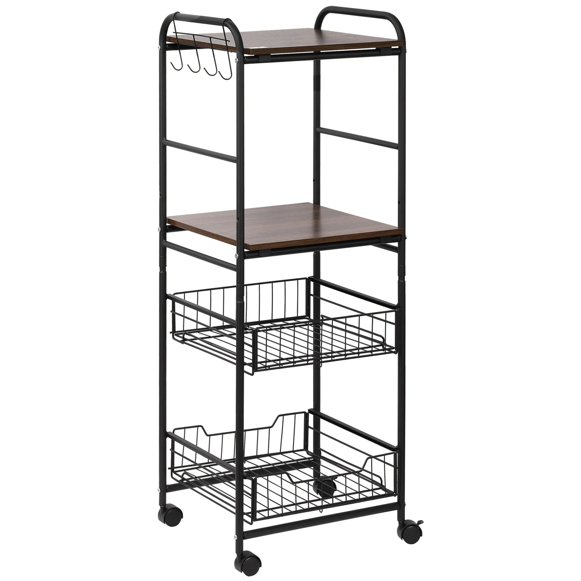 Kitchen trolley with 2 removable metal baskets, 2 chipboard shelves and side hooks, 40x38x111cm