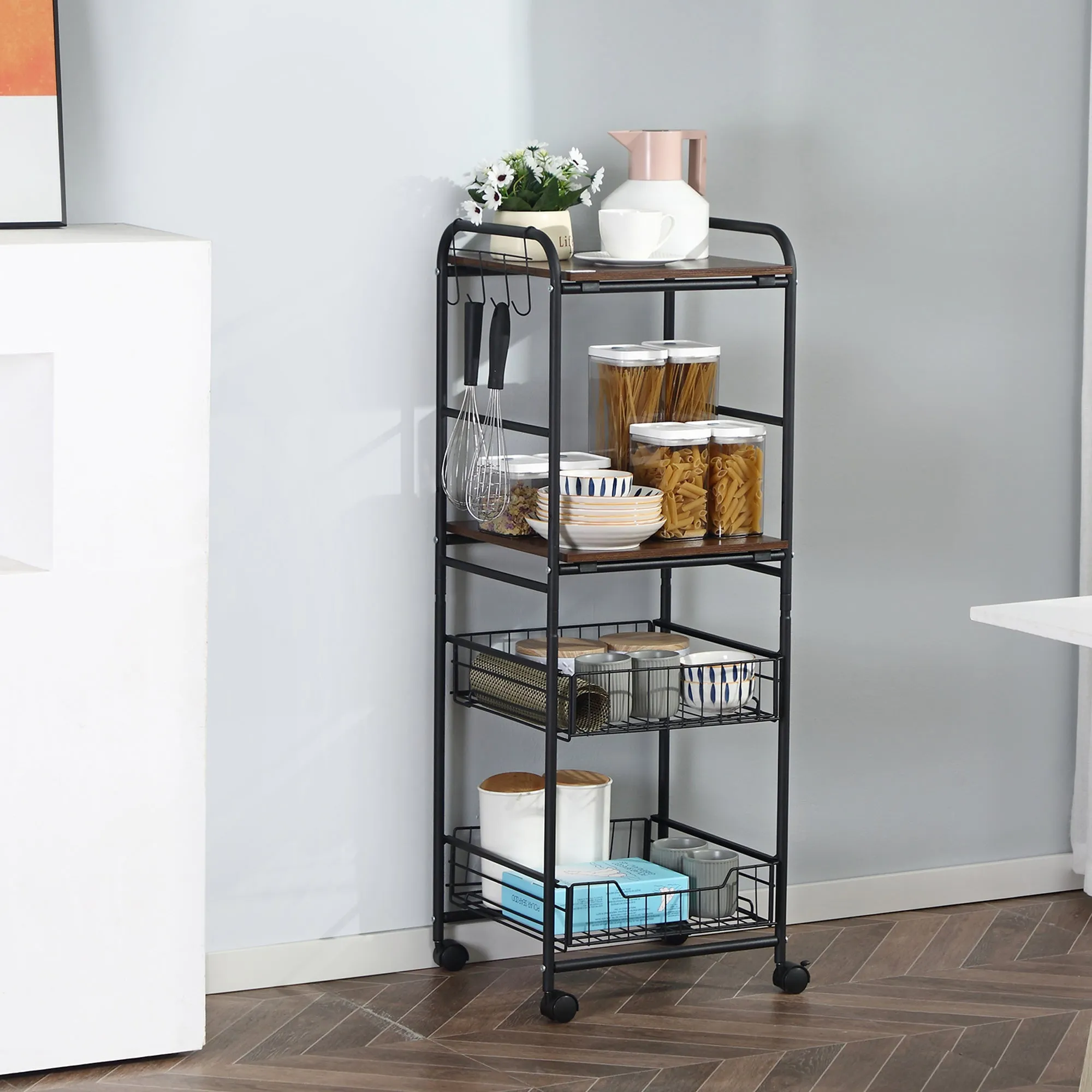 Kitchen trolley with 2 removable metal baskets, 2 chipboard shelves and side hooks, 40x38x111cm - Image 2