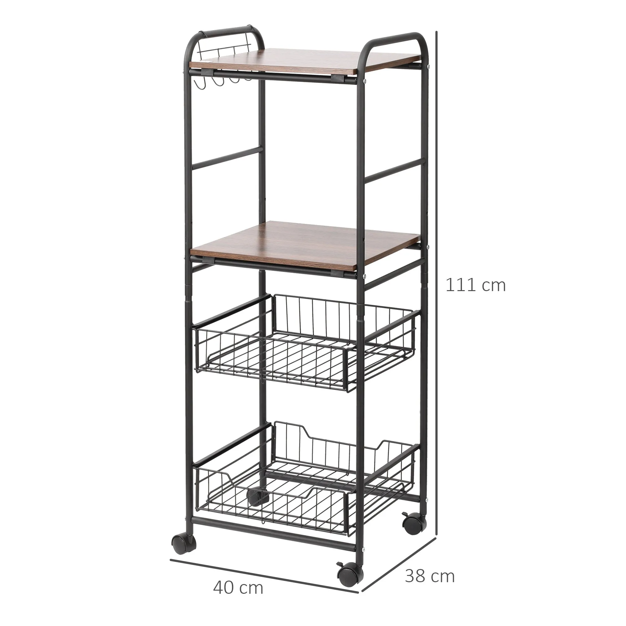 Kitchen trolley with 2 removable metal baskets, 2 chipboard shelves and side hooks, 40x38x111cm - Image 3