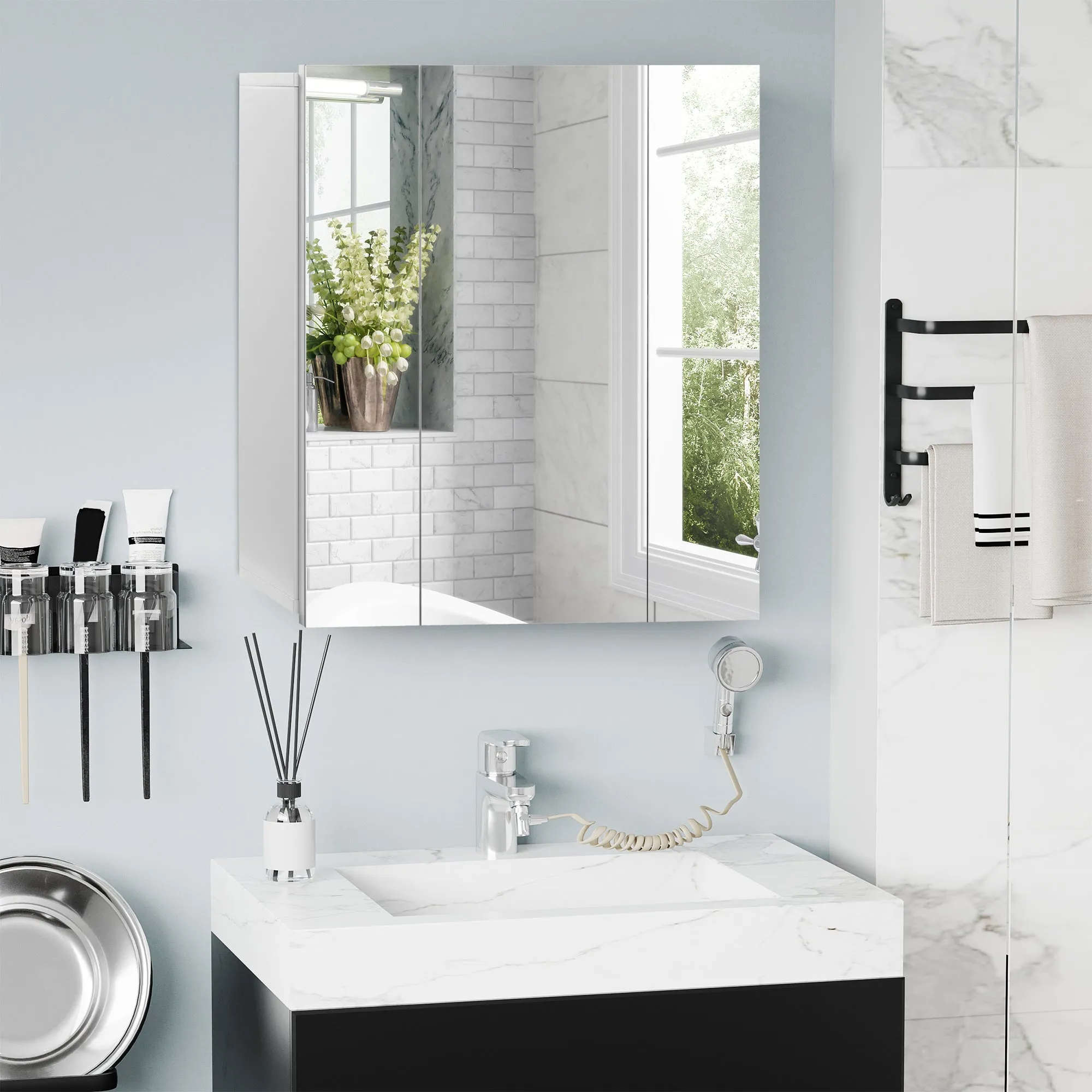 Bathroom Cabinet with 3 Mirrored Doors and Adjustable Shelves, 70x15x60cm, White - Image 2