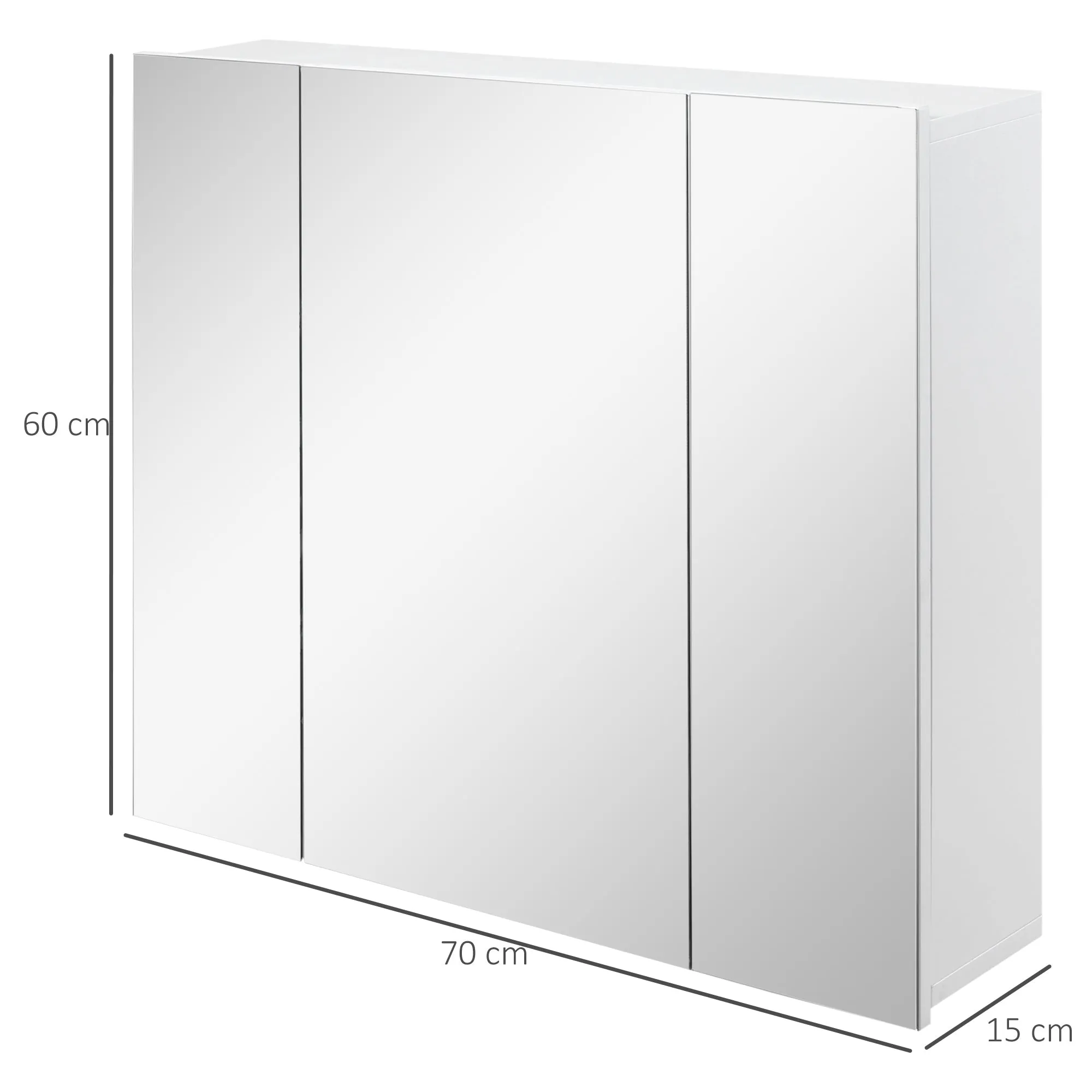Bathroom Cabinet with 3 Mirrored Doors and Adjustable Shelves, 70x15x60cm, White - Image 3