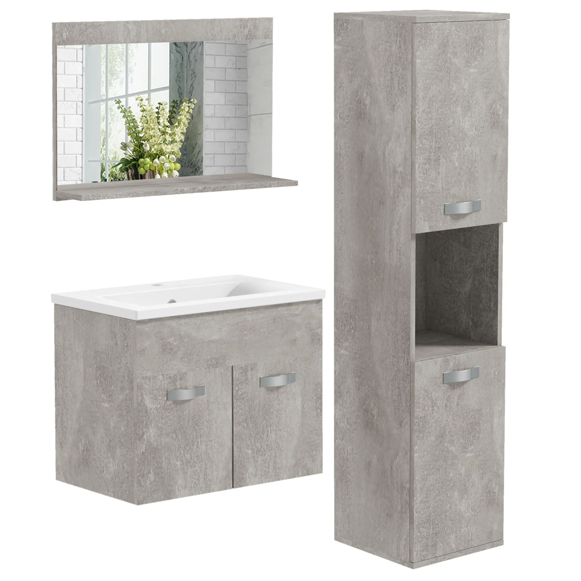 Grey 4 Piece Bathroom Furniture Set with 60cm Sink, Cabinet, Bathroom Column and Wooden Mirror, Grey