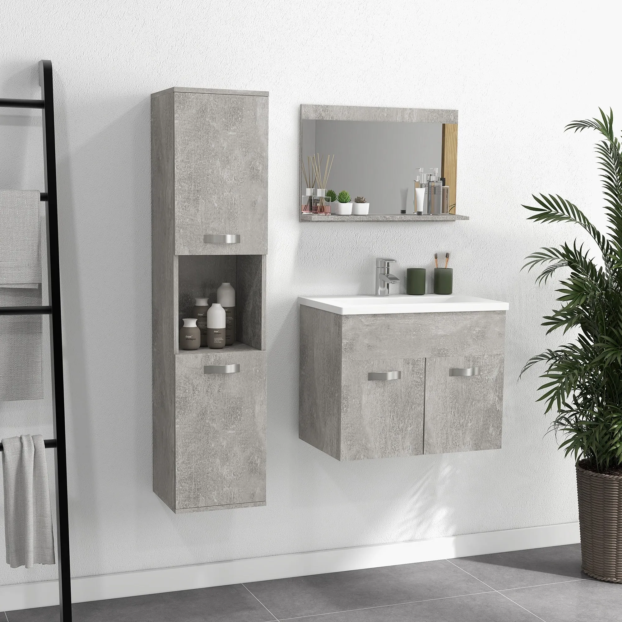 Grey 4 Piece Bathroom Furniture Set with 60cm Sink, Cabinet, Bathroom Column and Wooden Mirror, Grey - Image 2