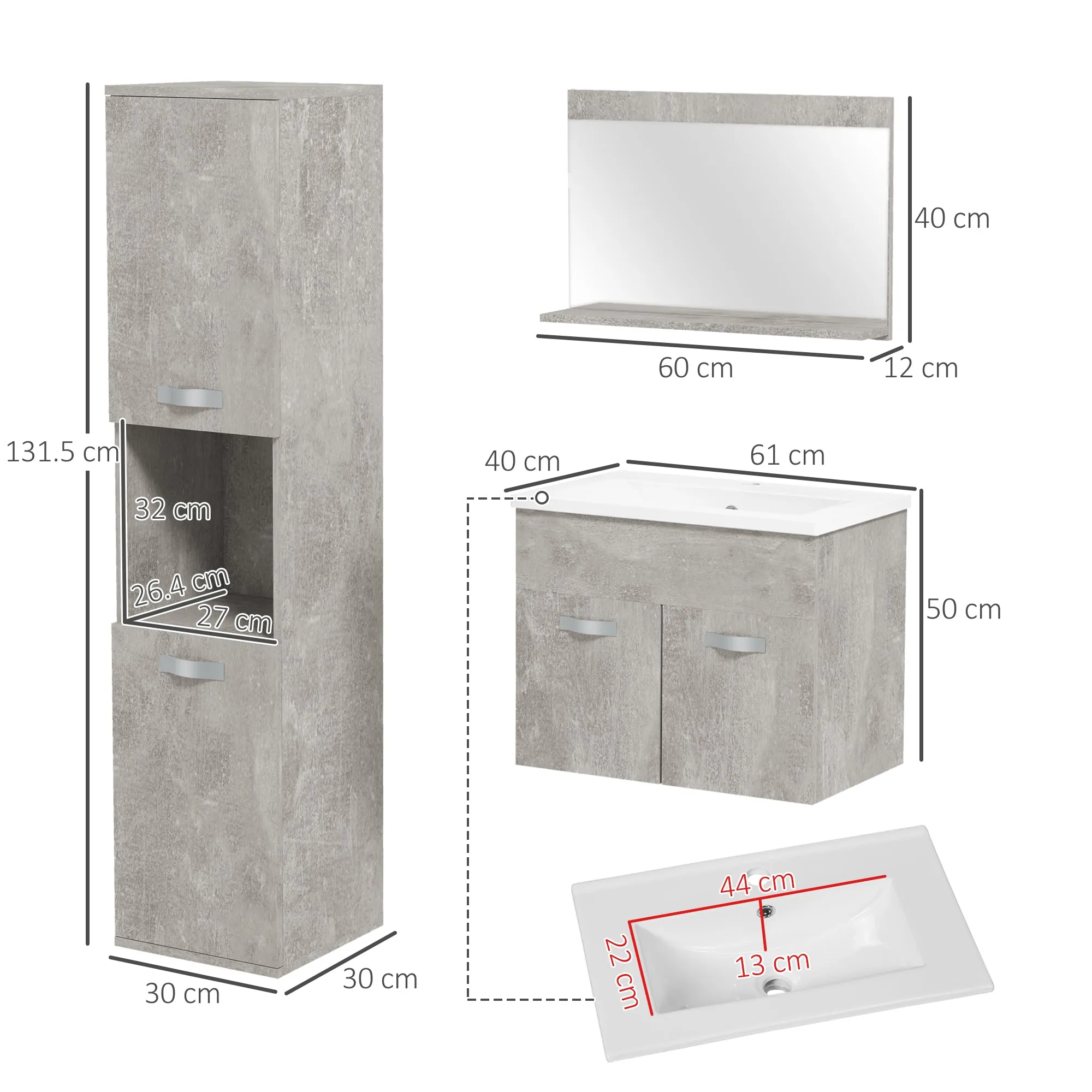 Grey 4 Piece Bathroom Furniture Set with 60cm Sink, Cabinet, Bathroom Column and Wooden Mirror, Grey - Image 3