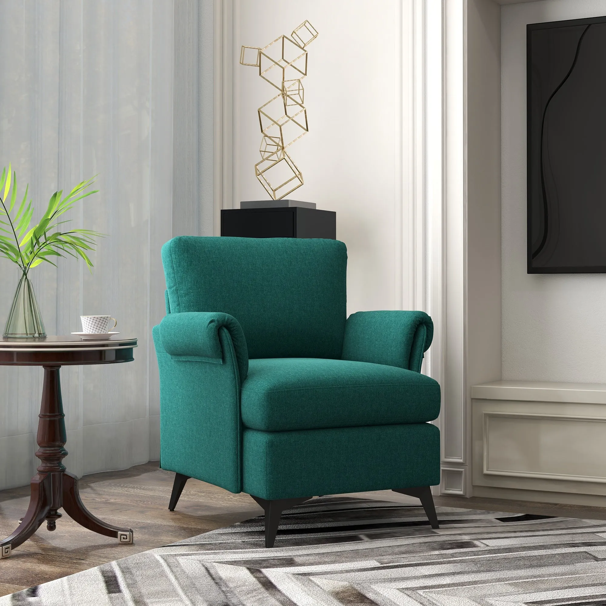 Breathable Linen-Effect Fabric Armchair with Rolled Armrests, 70x73x83 cm, Green - Image 2