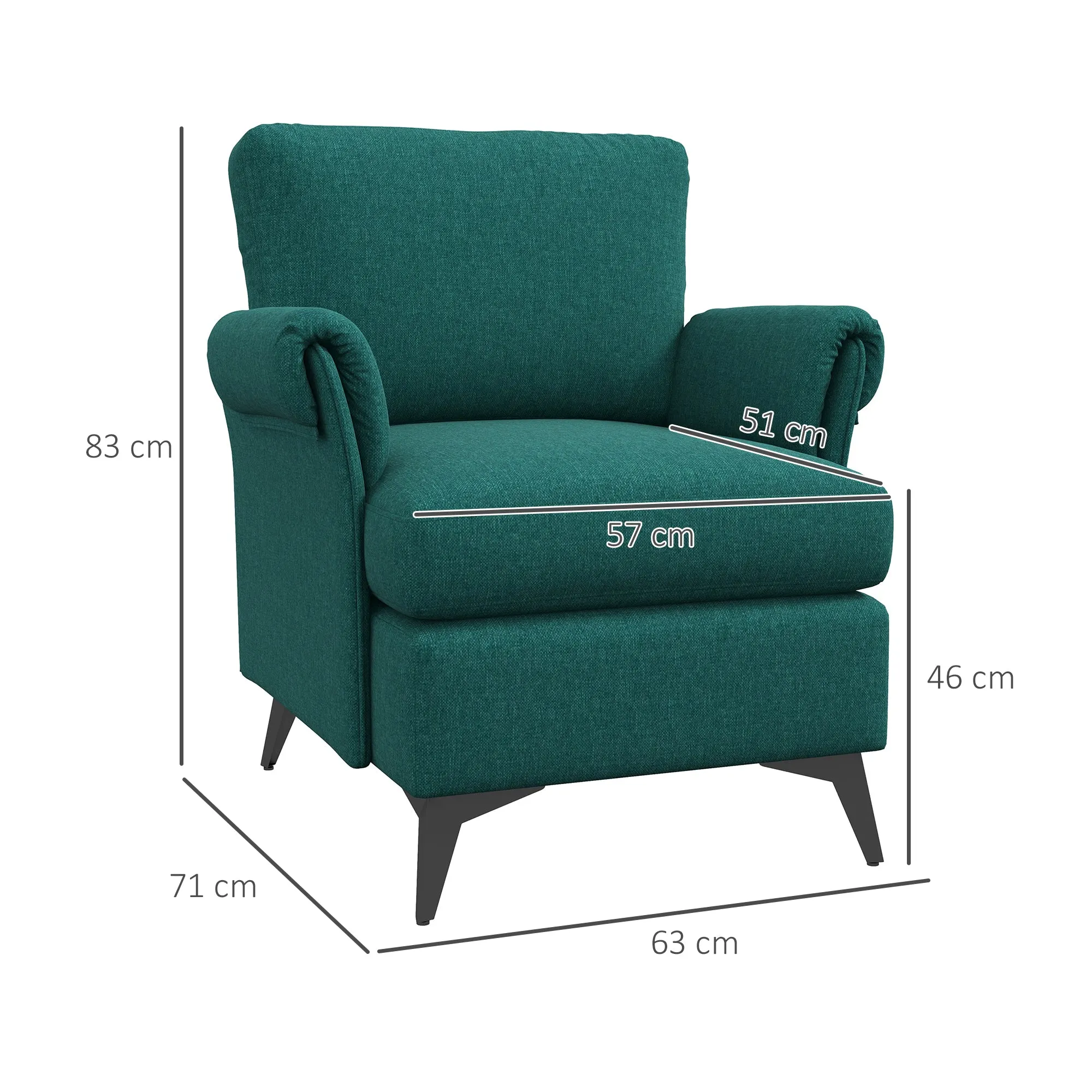 Breathable Linen-Effect Fabric Armchair with Rolled Armrests, 70x73x83 cm, Green - Image 3