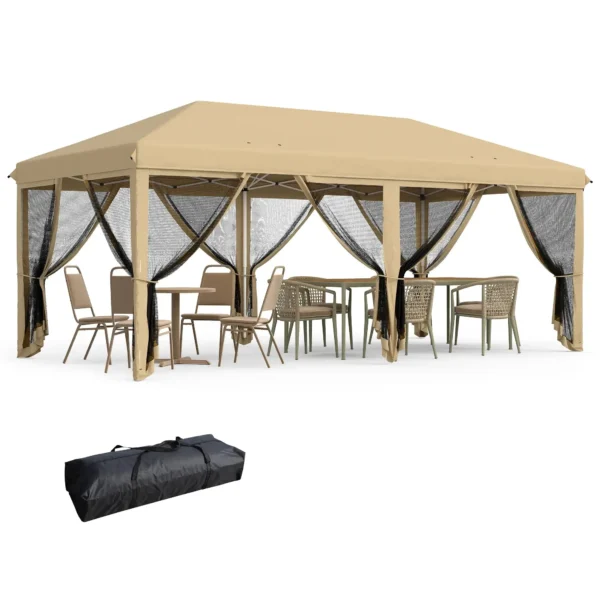 6x3m Folding Garden Gazebo with Mosquito Net, Adjustable Height and Carry Bag, Beige