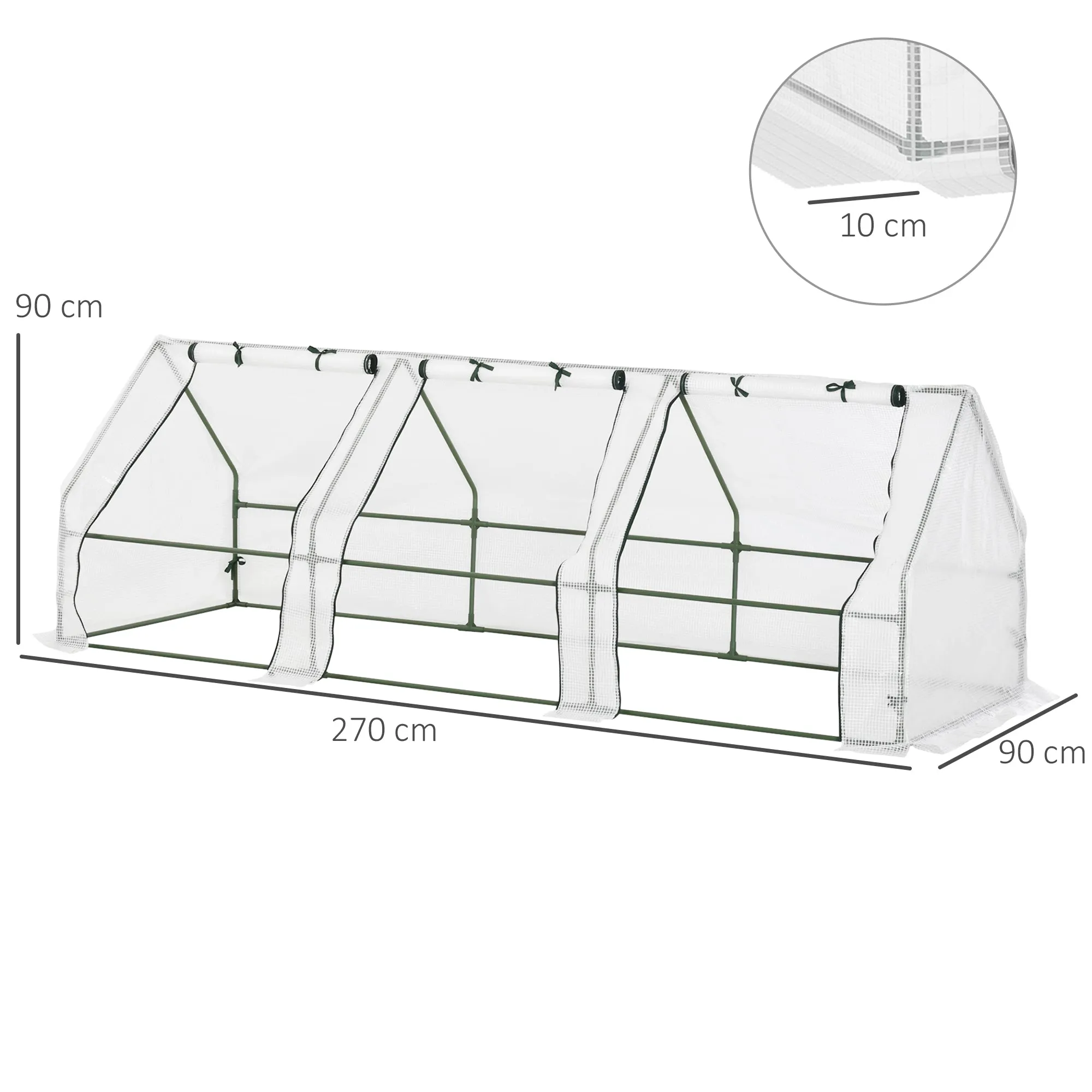 PE Tunnel Garden Greenhouse with Extended Edges and Hinged Doors, 270x90x90 cm, White - Image 3
