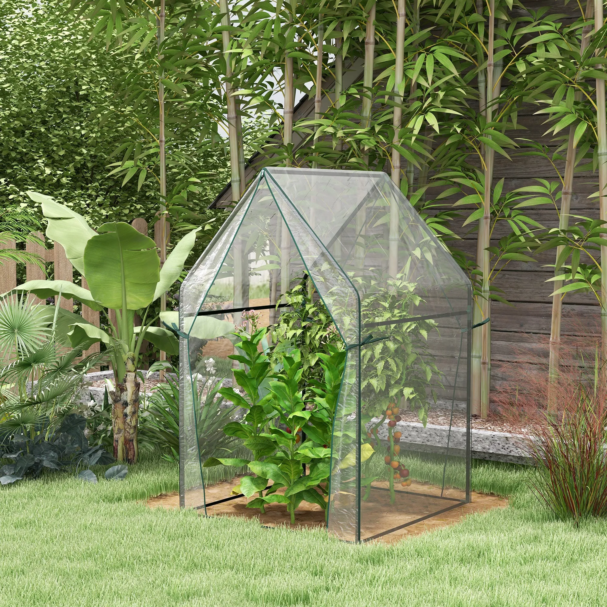 Mini Garden Greenhouse with 2 Roll-Up Doors and PE Cover 90x90x145cm, Transparent - Image 2