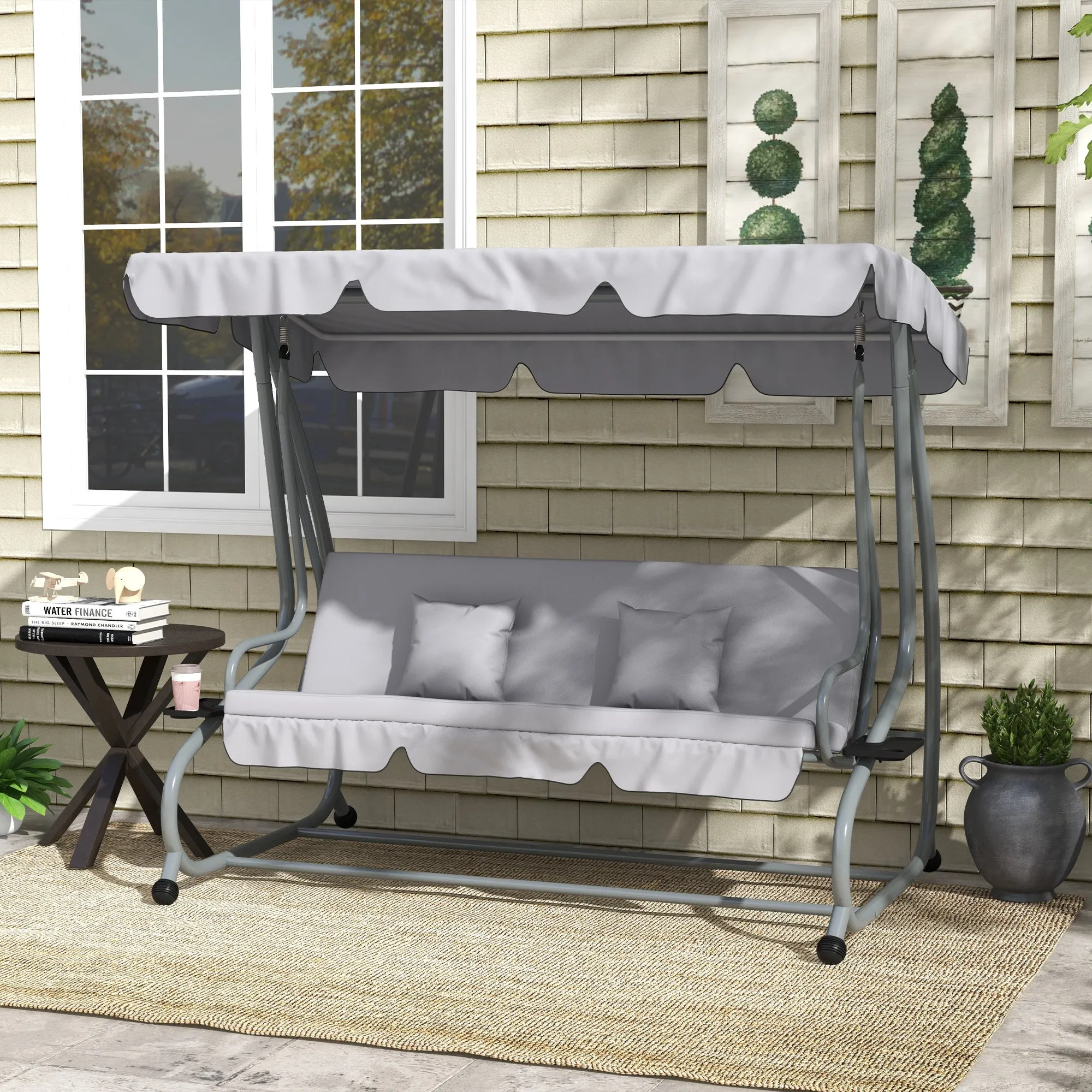 Swing Garden Bed with Adjustable Canopy and Trays, in Steel and Polyester, 200x120x164 cm, Gray - Image 2