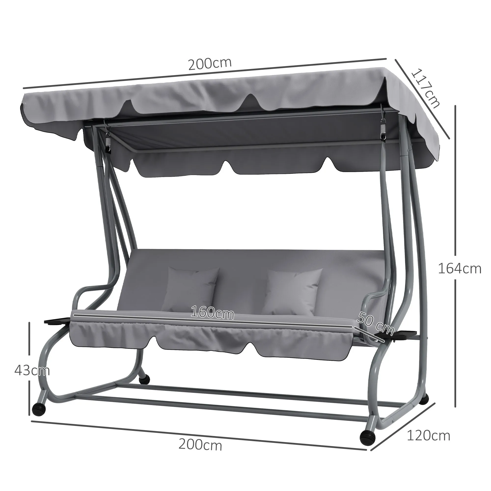 Swing Garden Bed with Adjustable Canopy and Trays, in Steel and Polyester, 200x120x164 cm, Gray - Image 3