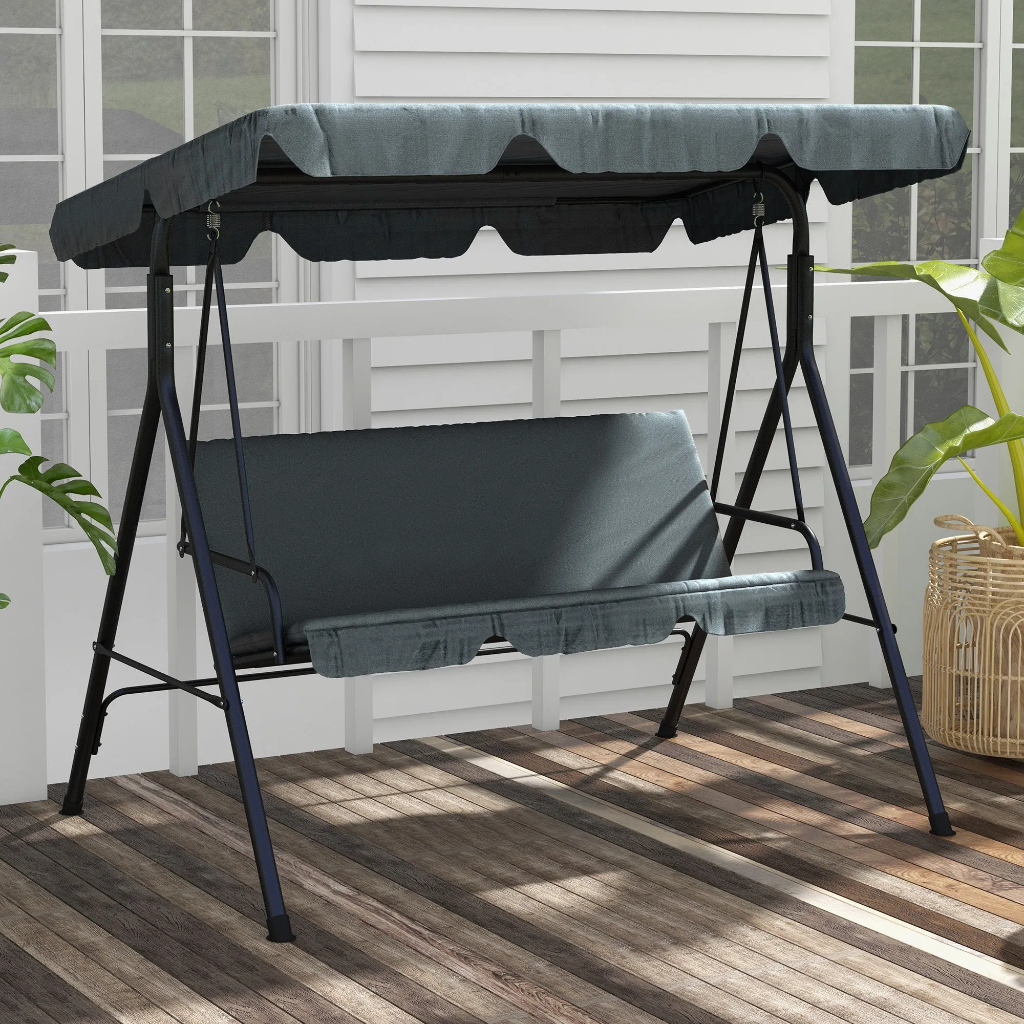 3-Seater Swing with Adjustable Canopy and Cushions, in Steel and Polyester, 172x110x153 cm, Grey - Image 2