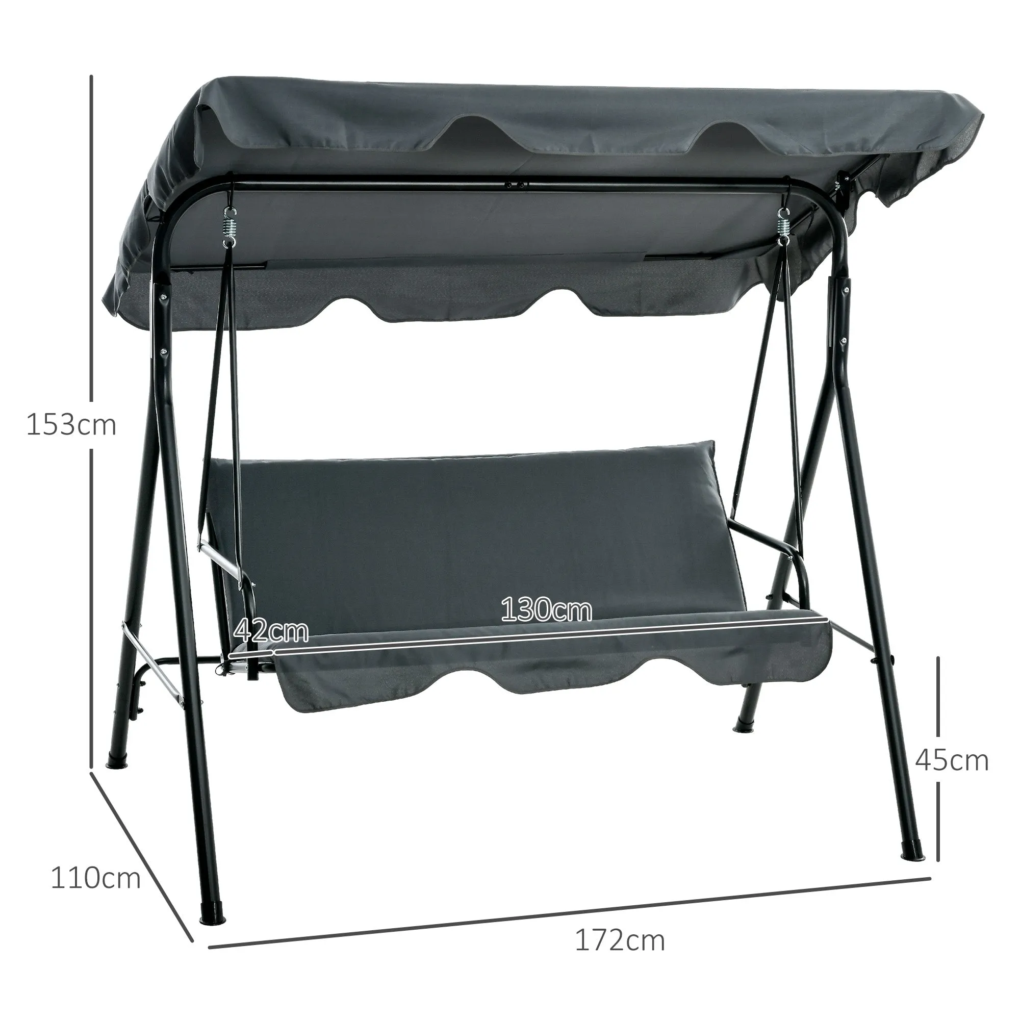 3-Seater Swing with Adjustable Canopy and Cushions, in Steel and Polyester, 172x110x153 cm, Grey - Image 3