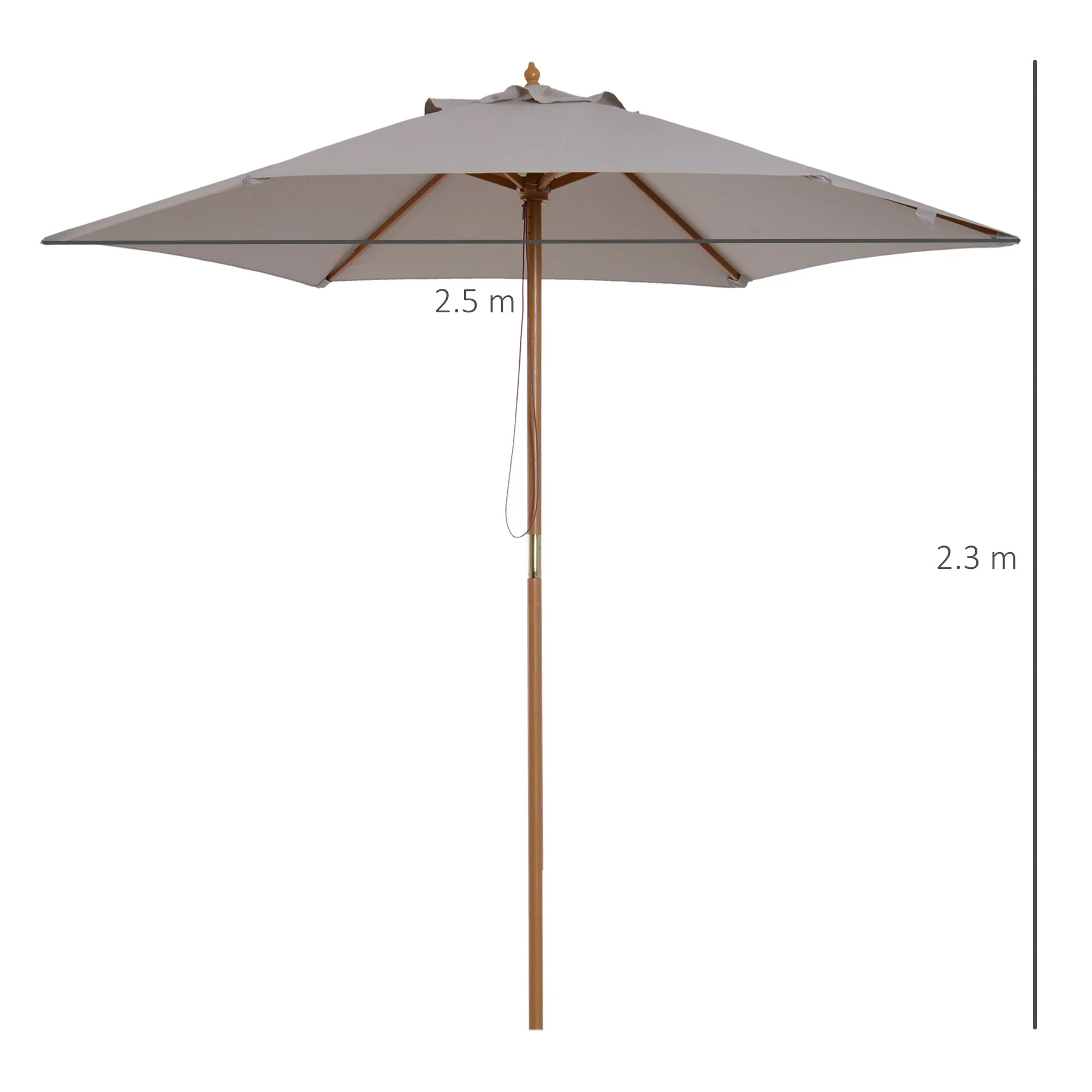 Garden Umbrella with 6 Ribs in Wood and Polyester Fabric, 2.5x2.3m, Gray - Image 3