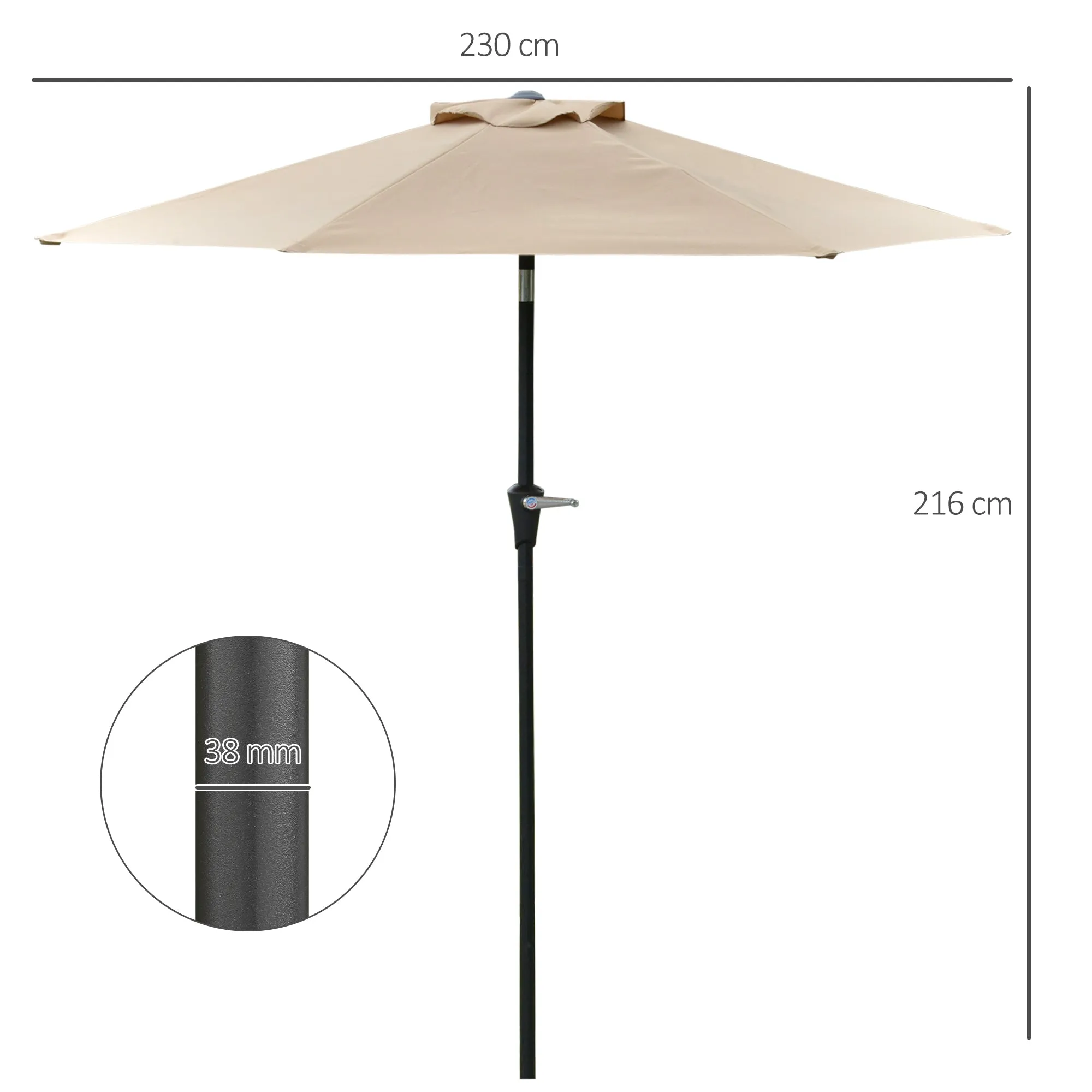 2.3x2m Tilting Garden Umbrella with Crank Opening and 6 Ribs, Khaki - Image 3