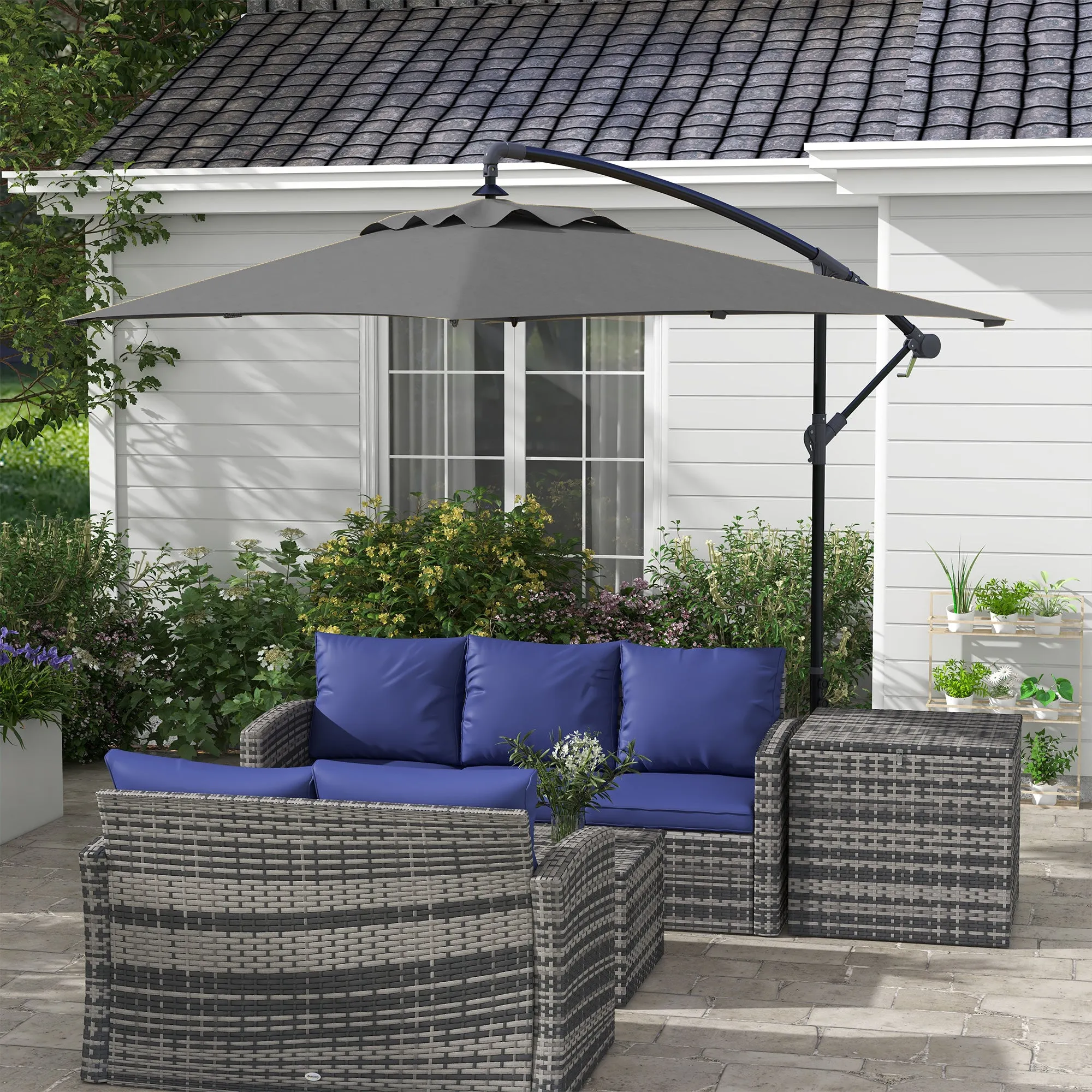 Decentralized Garden Umbrella with Cross Base and Crank Opening, 294x193cm, Gray - Image 2