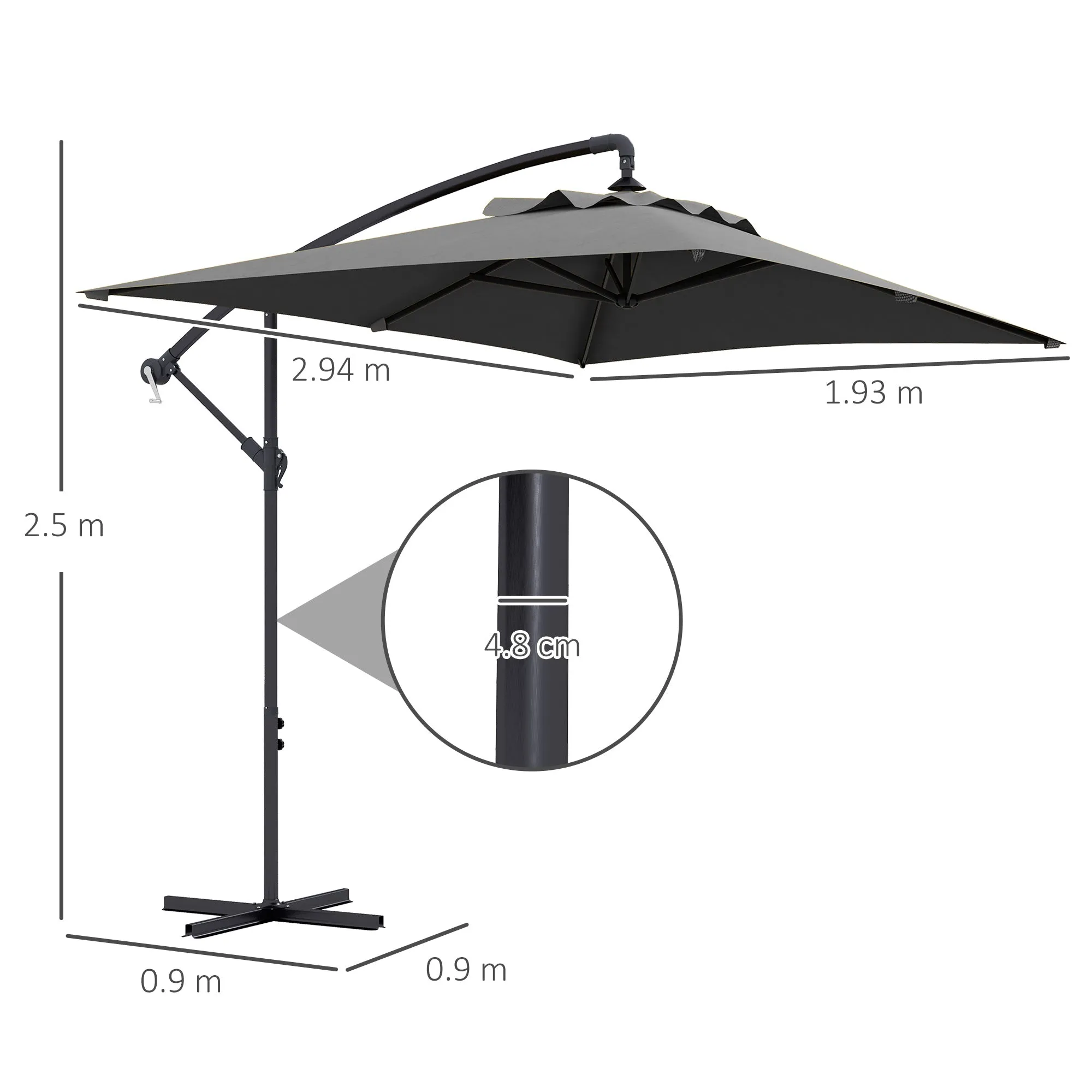 Decentralized Garden Umbrella with Cross Base and Crank Opening, 294x193cm, Gray - Image 3