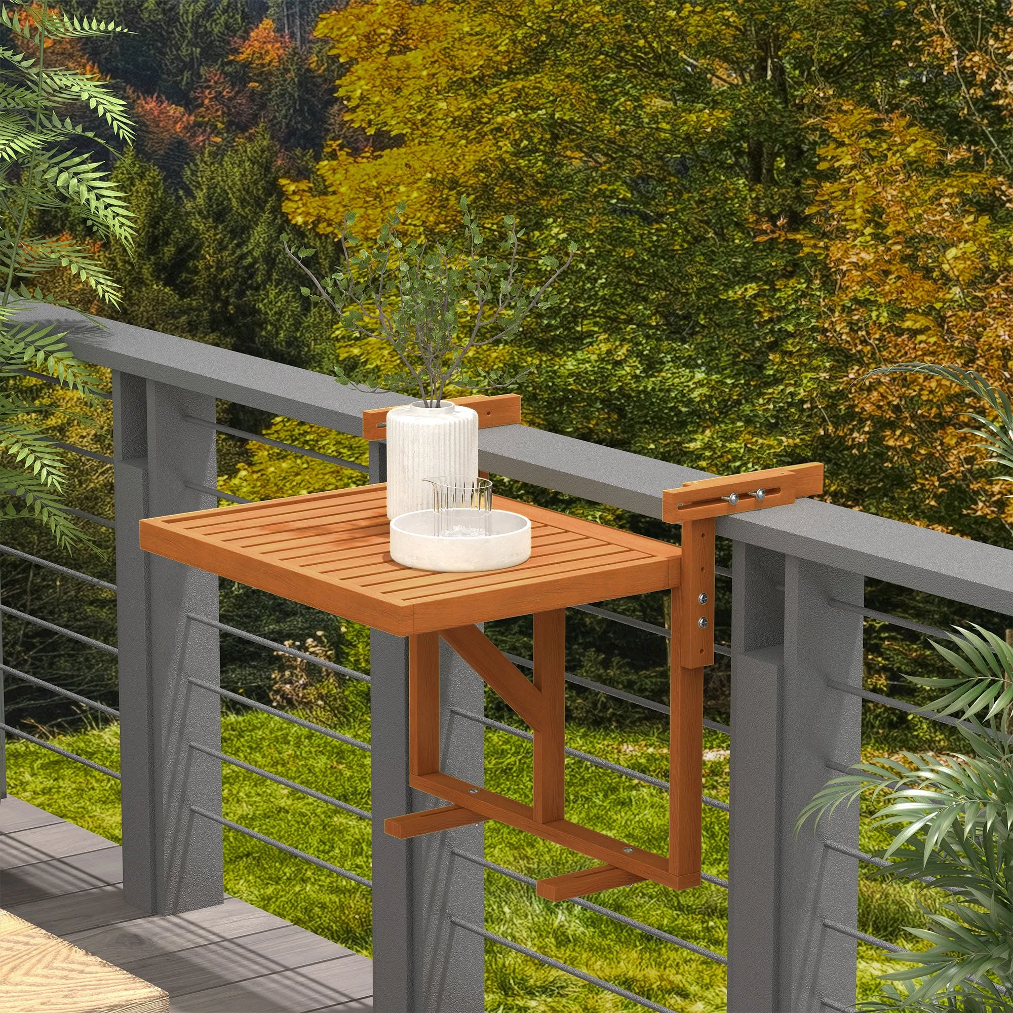 Folding and Adjustable Balcony Railing Table in Wood, Teak Colour - Image 2