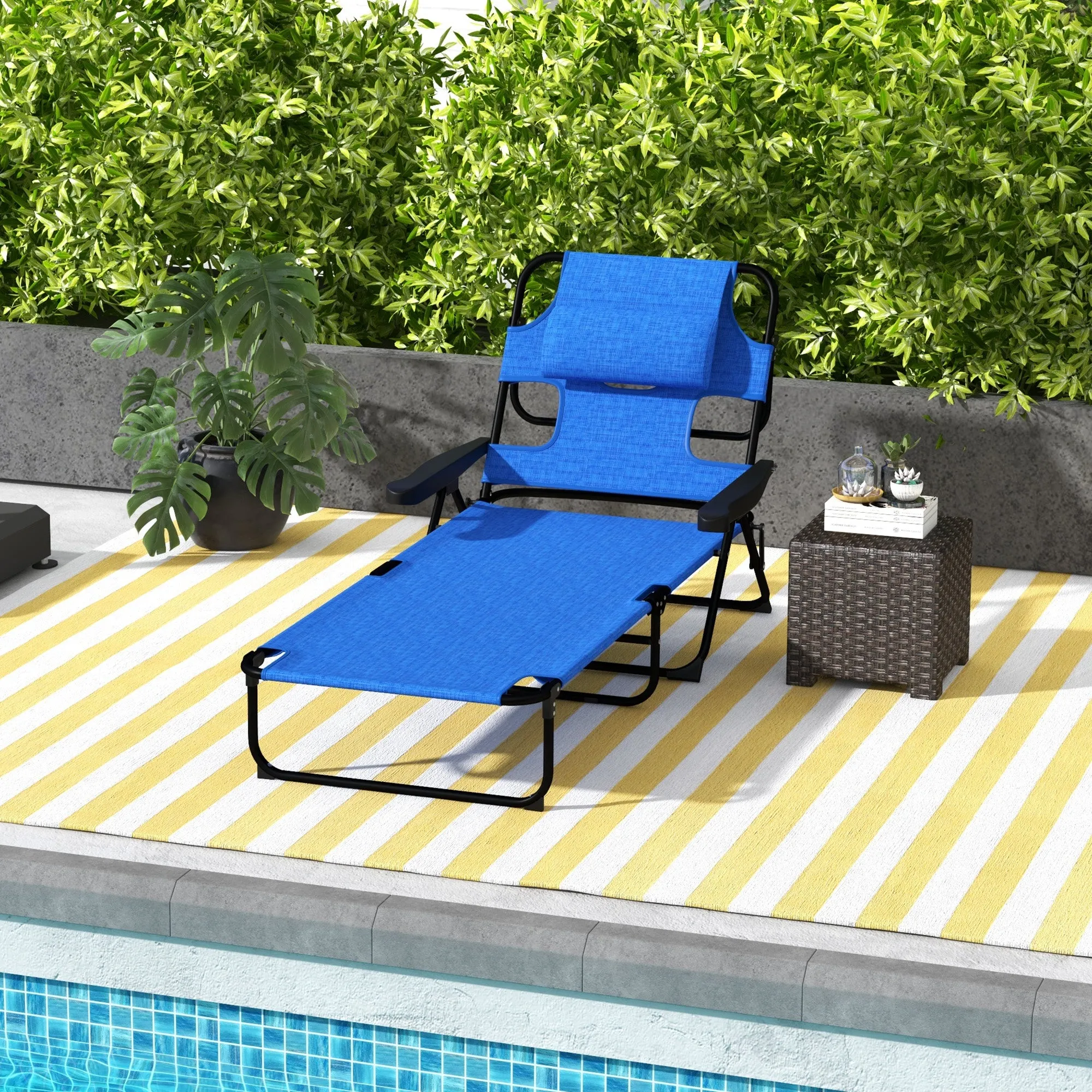 Folding Garden Deckchair with Adjustable Backrest, Cushion and Face Hole, Dark Blue - Image 2