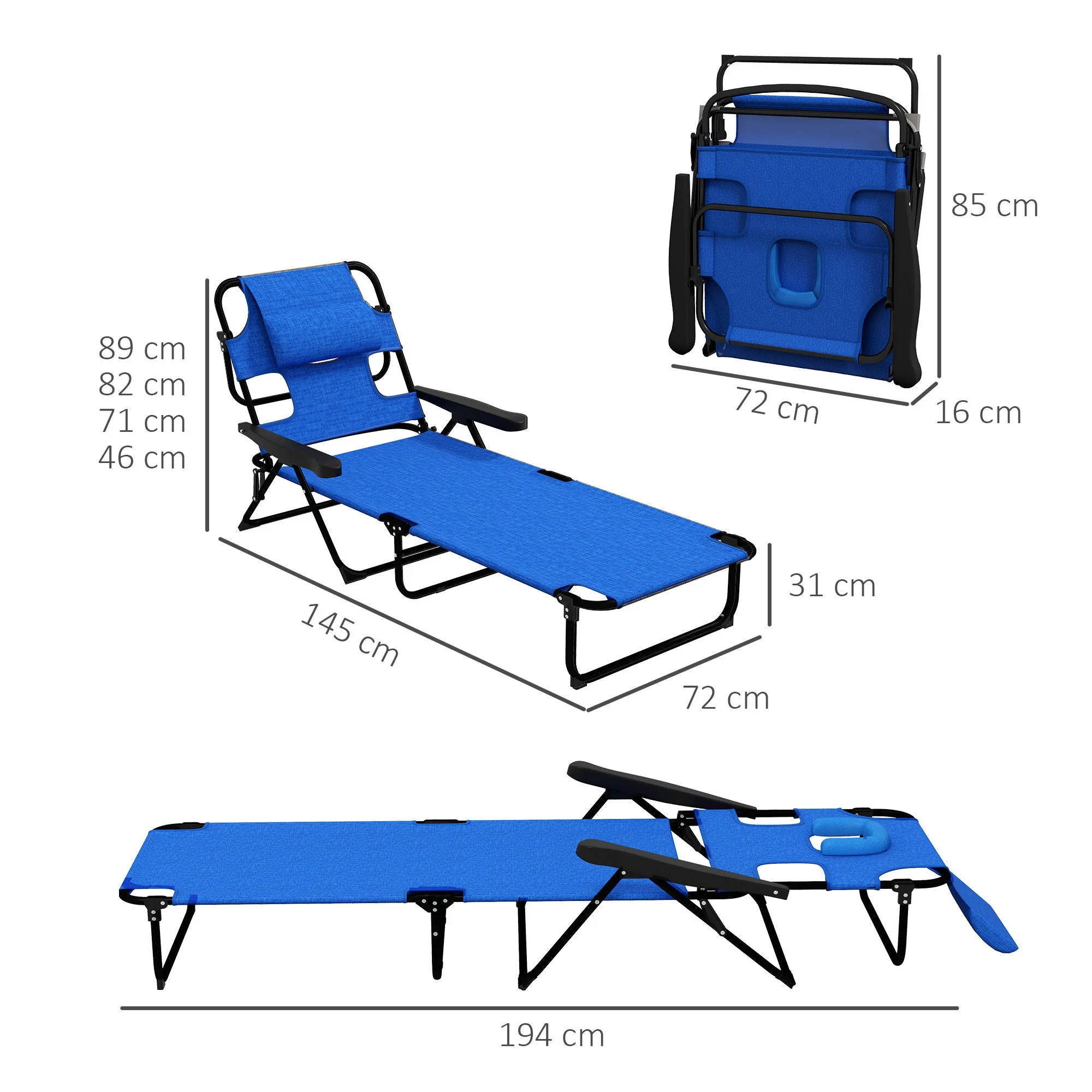 Folding Garden Deckchair with Adjustable Backrest, Cushion and Face Hole, Dark Blue - Image 3