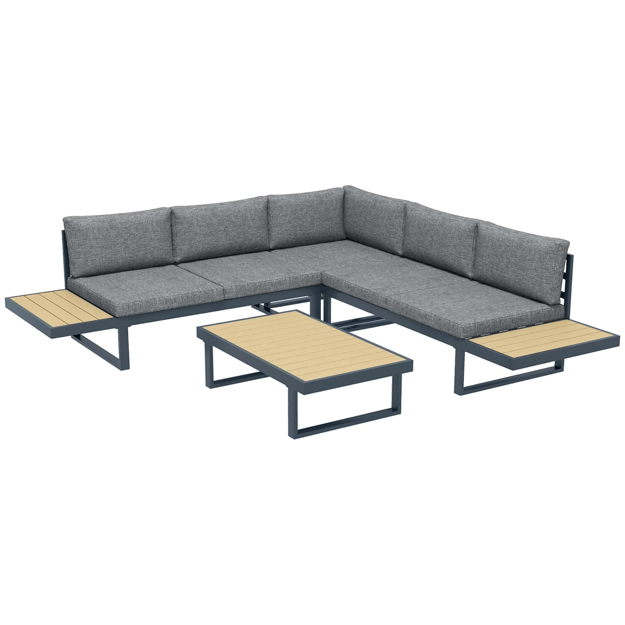 DORIANA - 4 Piece Aluminium Garden Set with 2 Sofas, Corner Chair and Coffee Table, Grey and Teak