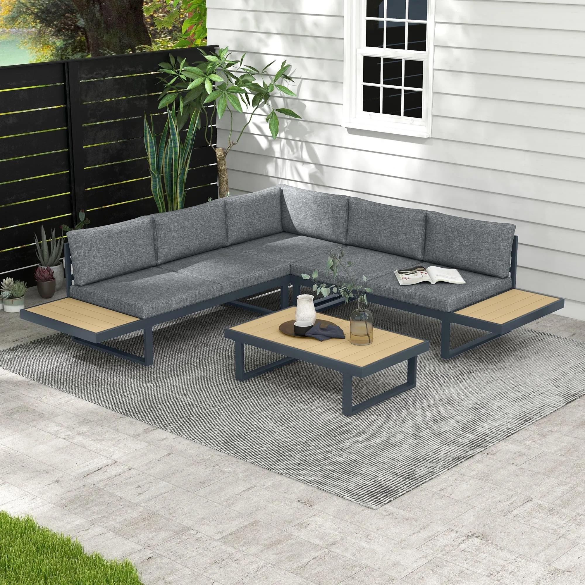 DORIANA - 4 Piece Aluminium Garden Set with 2 Sofas, Corner Chair and Coffee Table, Grey and Teak - Image 2