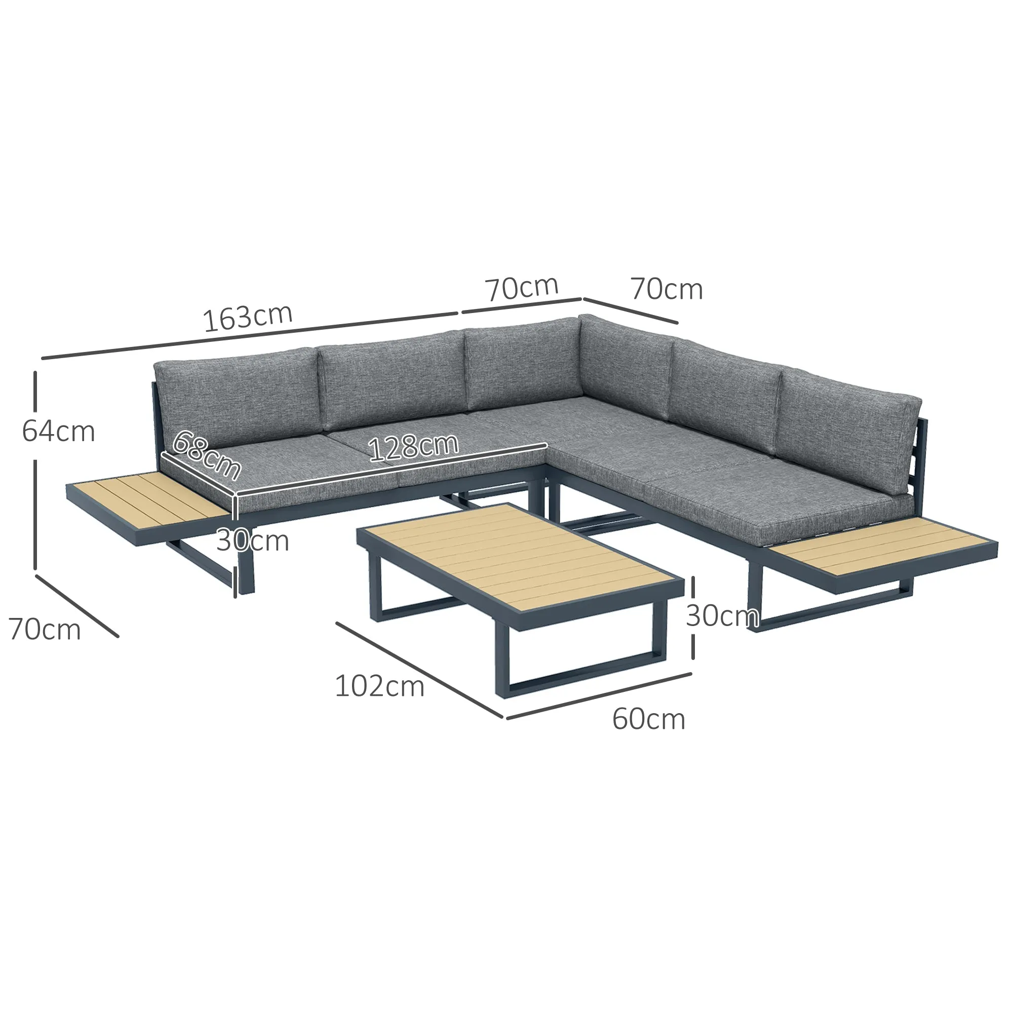 DORIANA - 4 Piece Aluminium Garden Set with 2 Sofas, Corner Chair and Coffee Table, Grey and Teak - Image 3