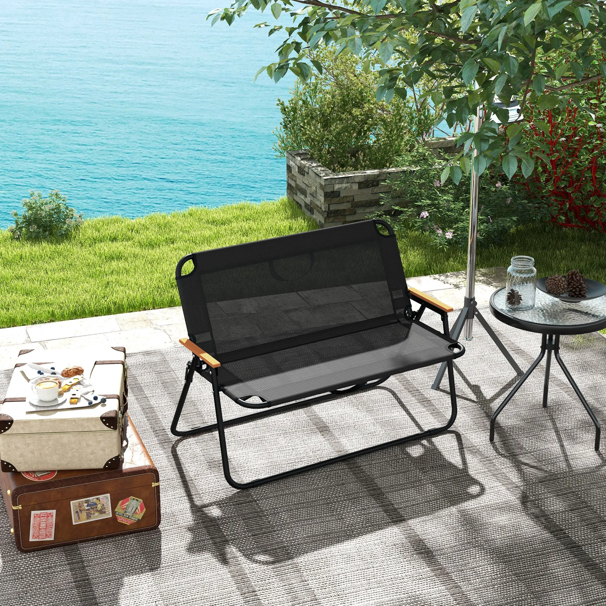 Double 2-Seater Folding Camping Chair in Steel and Oxford Fabric, 108x65x73cm, Black - Image 2