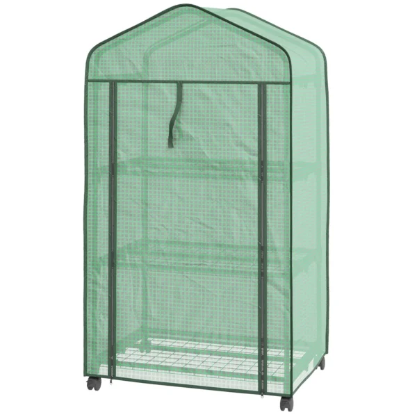 Mini Garden Greenhouse with PE Cover, 3 Shelves and Wheels, 69x49x130cm, Green