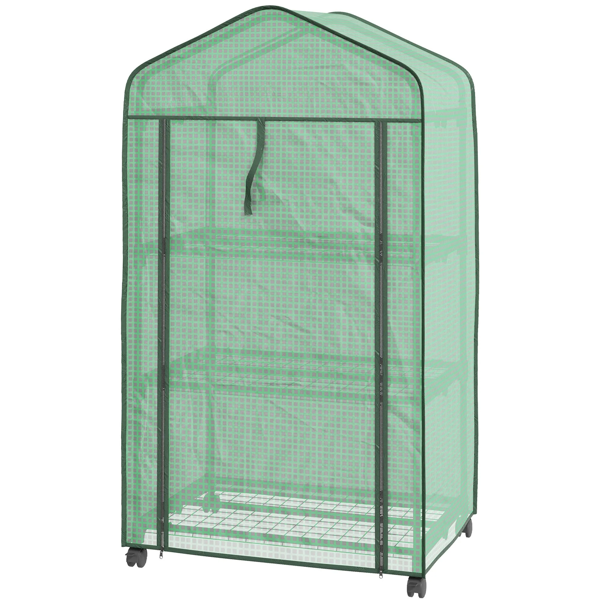 Mini Garden Greenhouse with PE Cover, 3 Shelves and Wheels, 69x49x130cm, Green