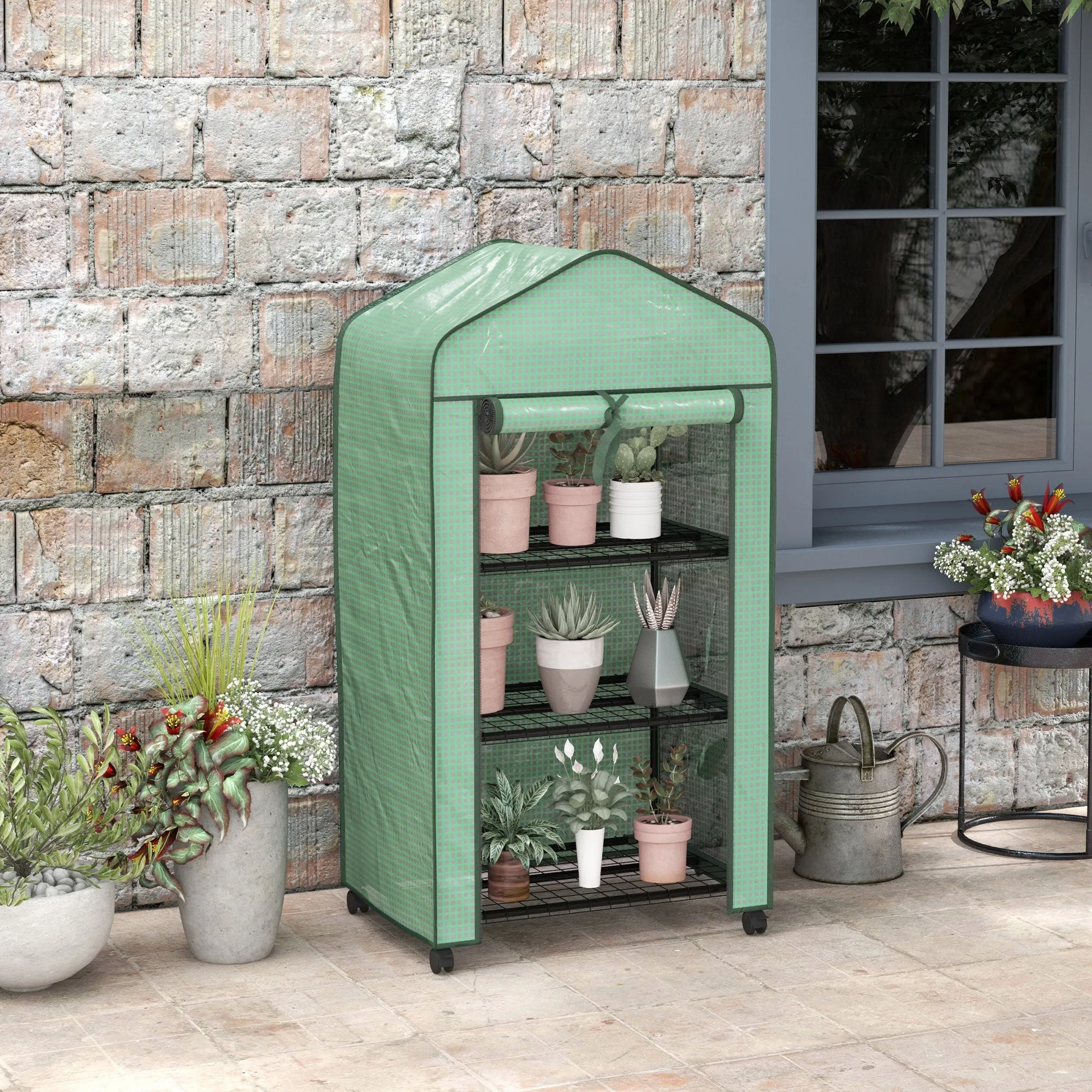 Mini Garden Greenhouse with PE Cover, 3 Shelves and Wheels, 69x49x130cm, Green - Image 2
