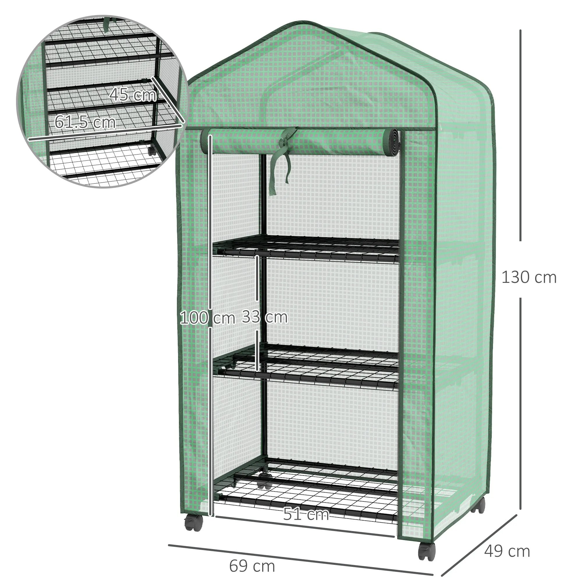Mini Garden Greenhouse with PE Cover, 3 Shelves and Wheels, 69x49x130cm, Green - Image 3