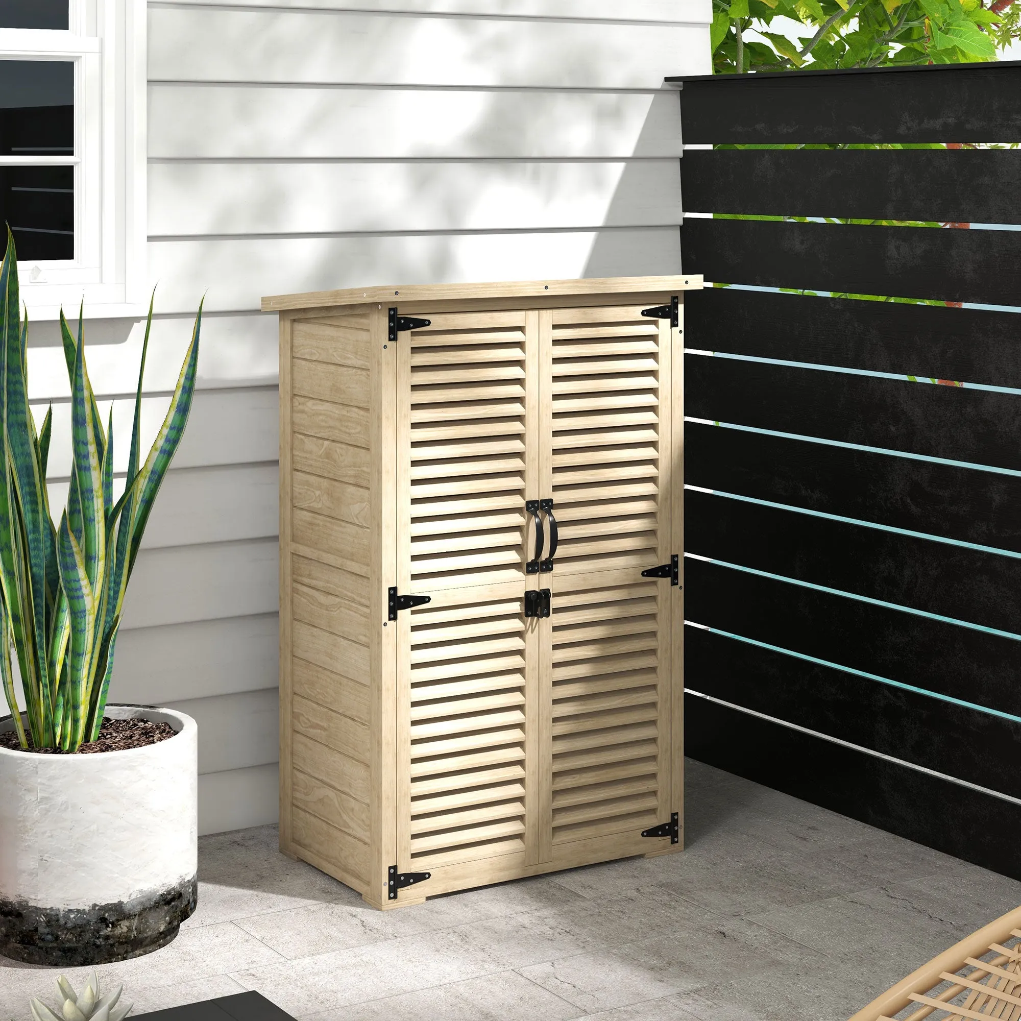 Outdoor Storage Cabinet with 2 Shelves with Pegs, in Fir Wood, 75x50x111/118 cm - Image 2
