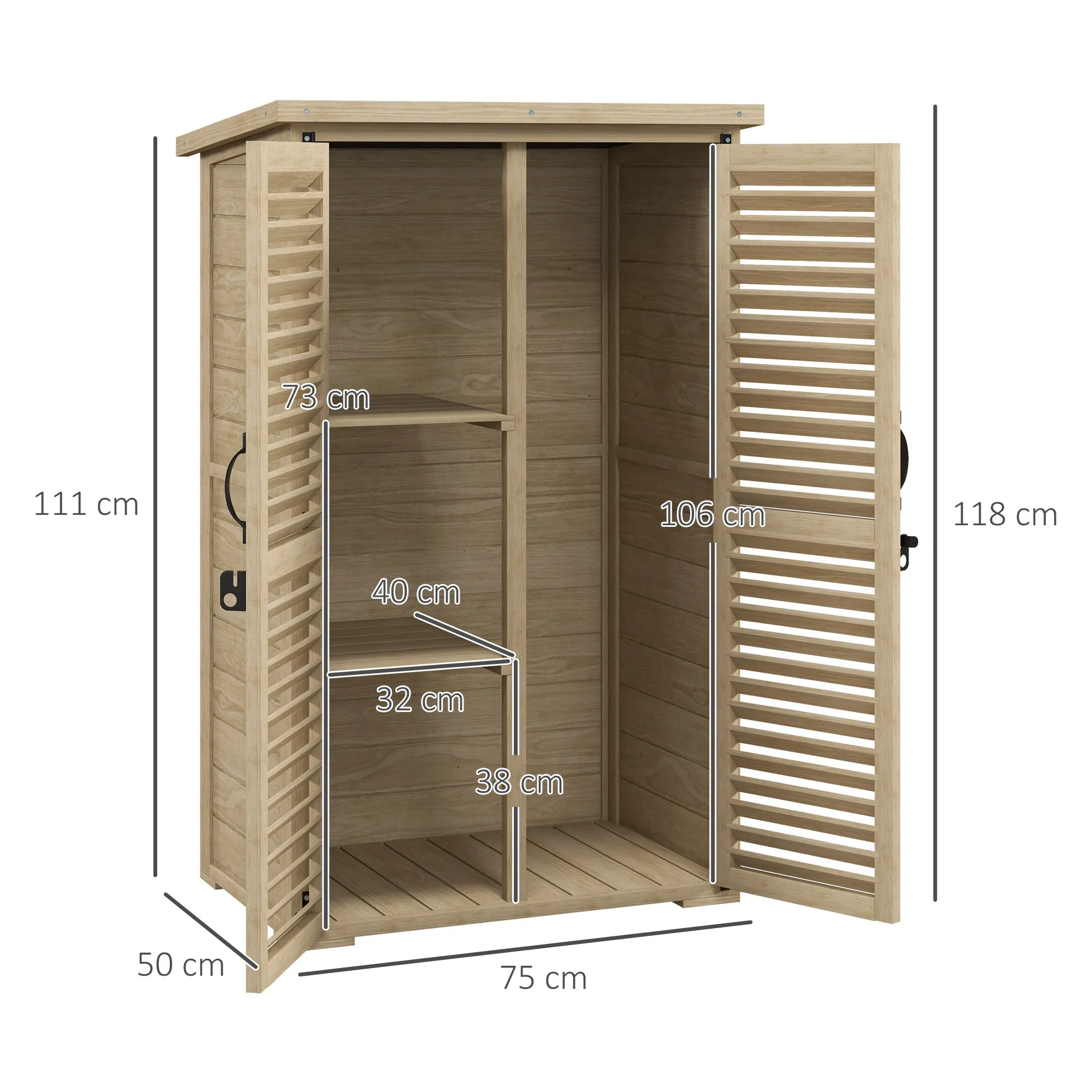 Outdoor Storage Cabinet with 2 Shelves with Pegs, in Fir Wood, 75x50x111/118 cm - Image 3