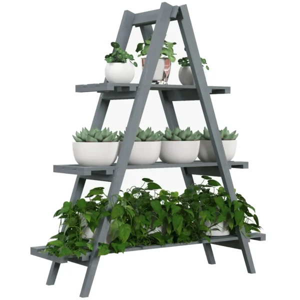 3-Tier Vertical Plant Stand with Slats, in Fir Wood, 100x36x112 cm, Grey