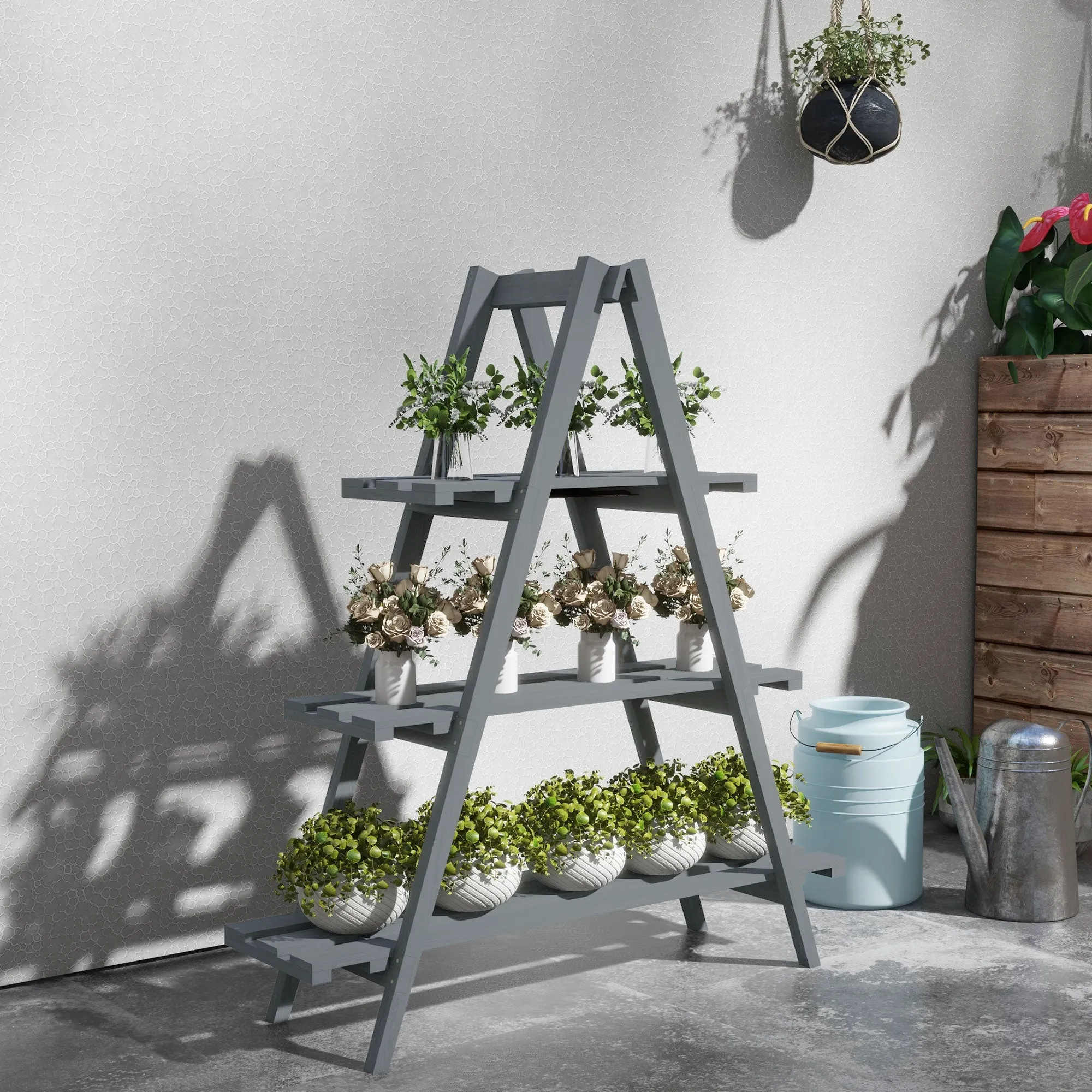 3-Tier Vertical Plant Stand with Slats, in Fir Wood, 100x36x112 cm, Grey - Image 3