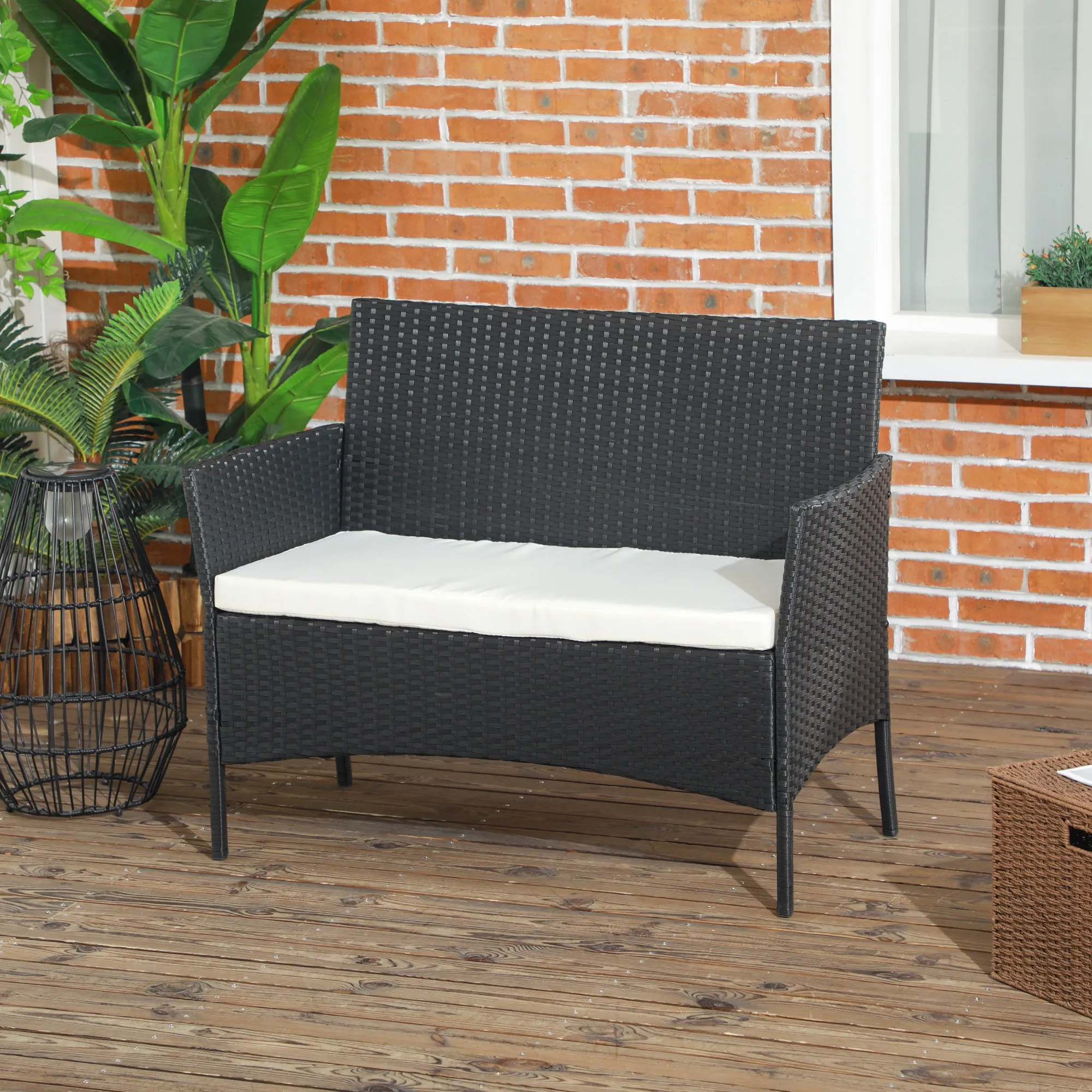 Comfortable 2-Seater Garden Sofa: PE Rattan, Steel, Cushioned, Armrests - Black - Image 2