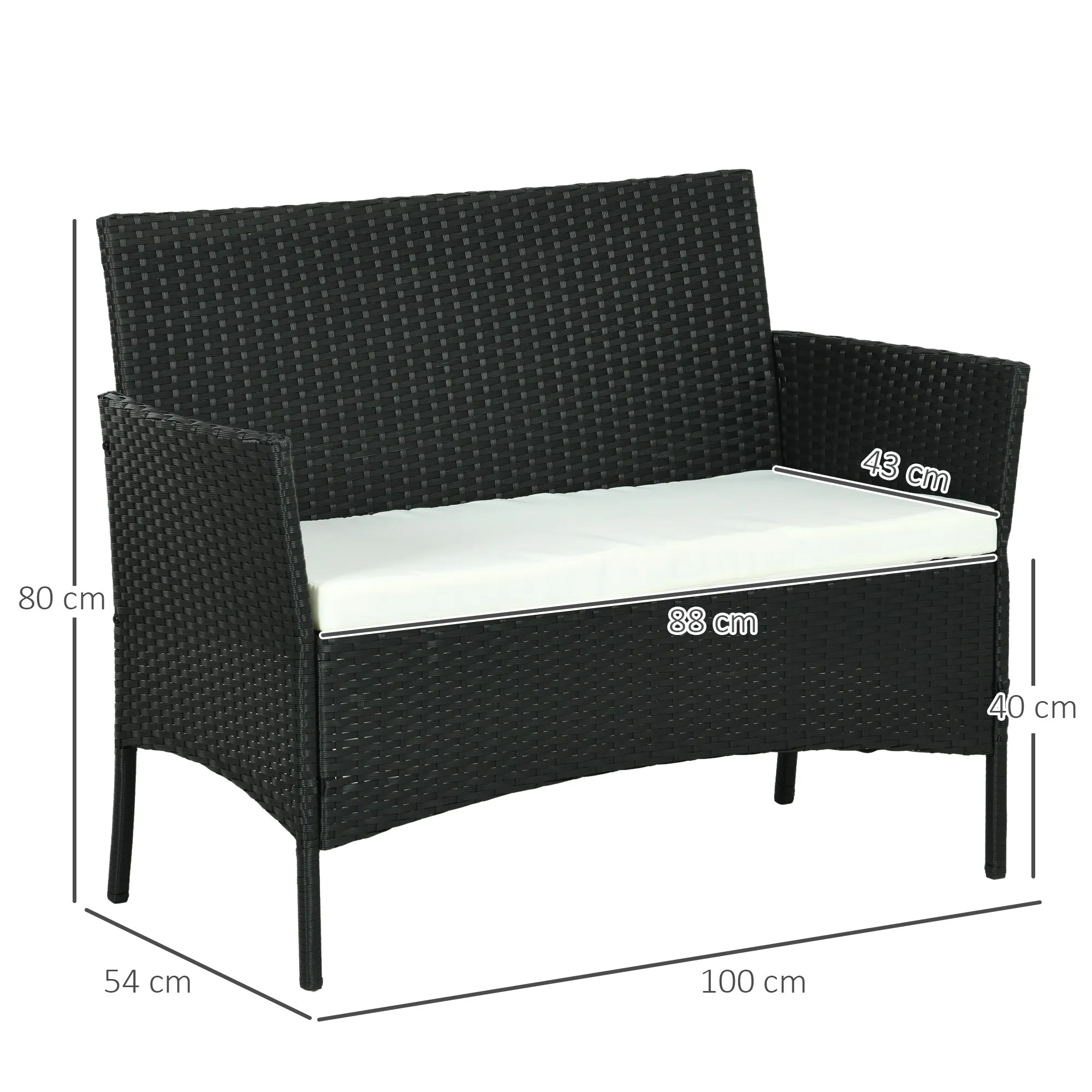 Comfortable 2-Seater Garden Sofa: PE Rattan, Steel, Cushioned, Armrests - Black - Image 3